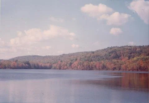 view of lake with fall color and puffy clouds.