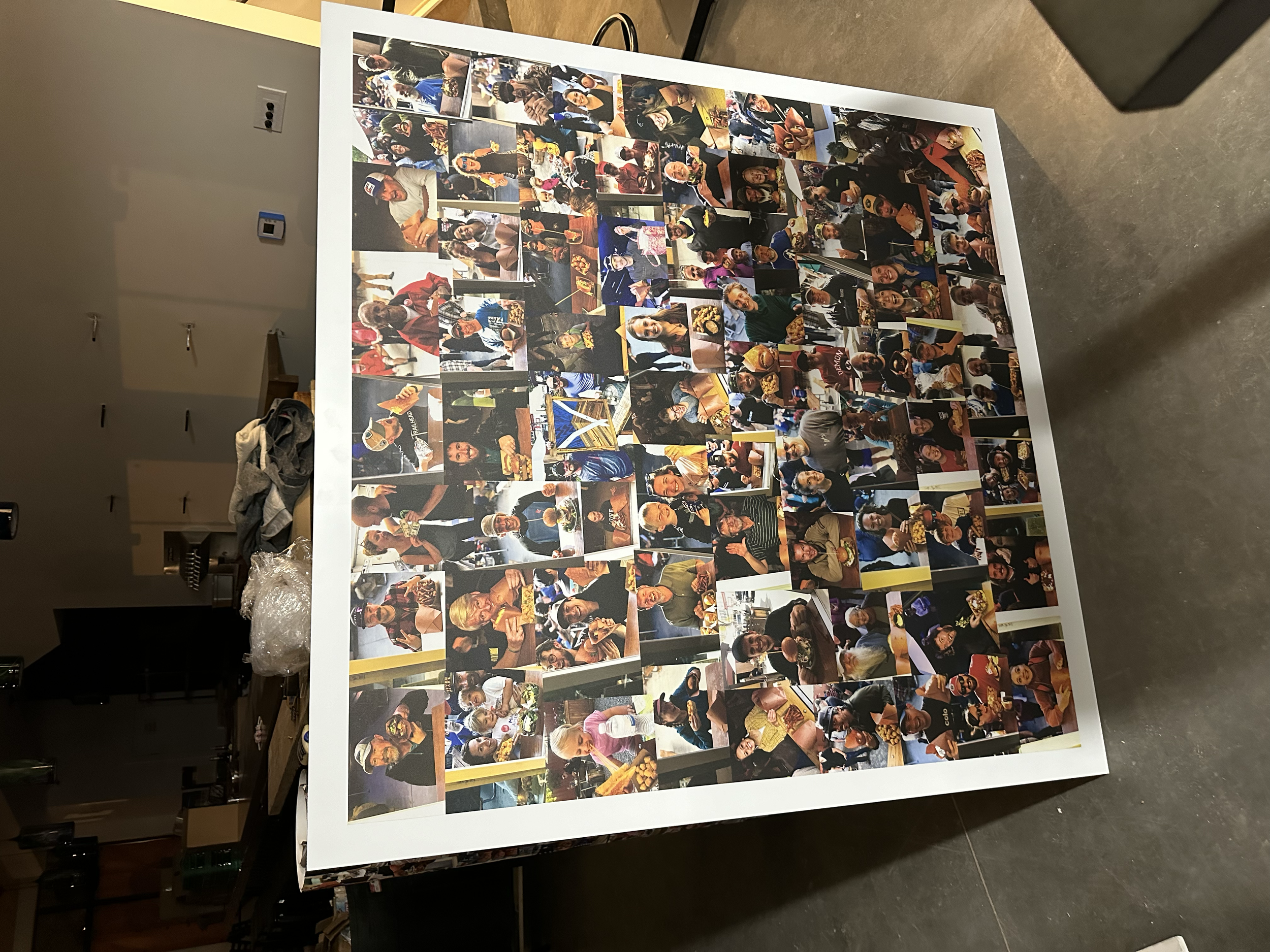 A collage of numerous small photographs featuring people at a social event, many holding food and drinks, with some smiling and posing for the camera.