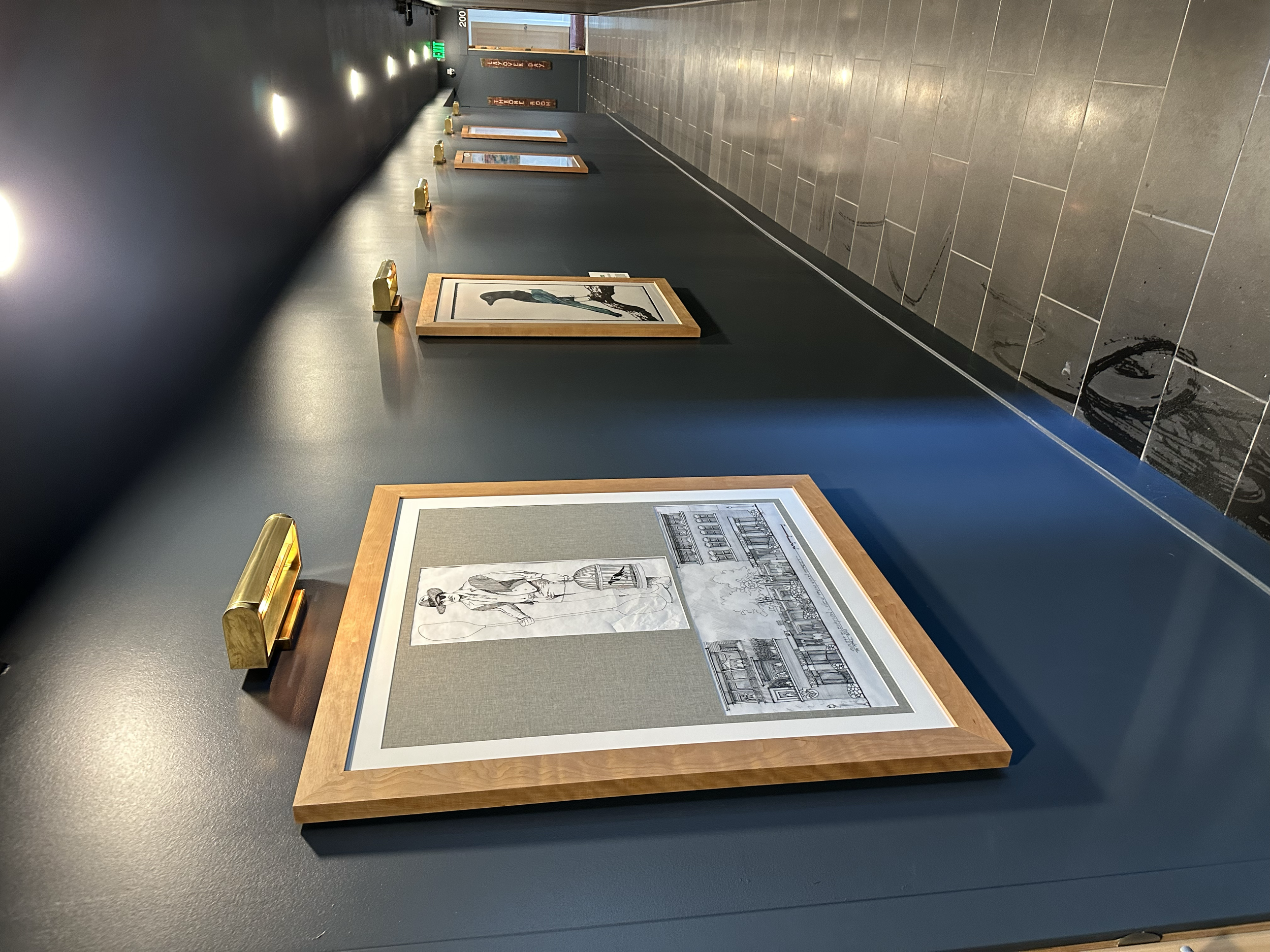 Gallery wall with framed artworks, including sketches and drawings, illuminated by small picture lights on a dark-colored wall.