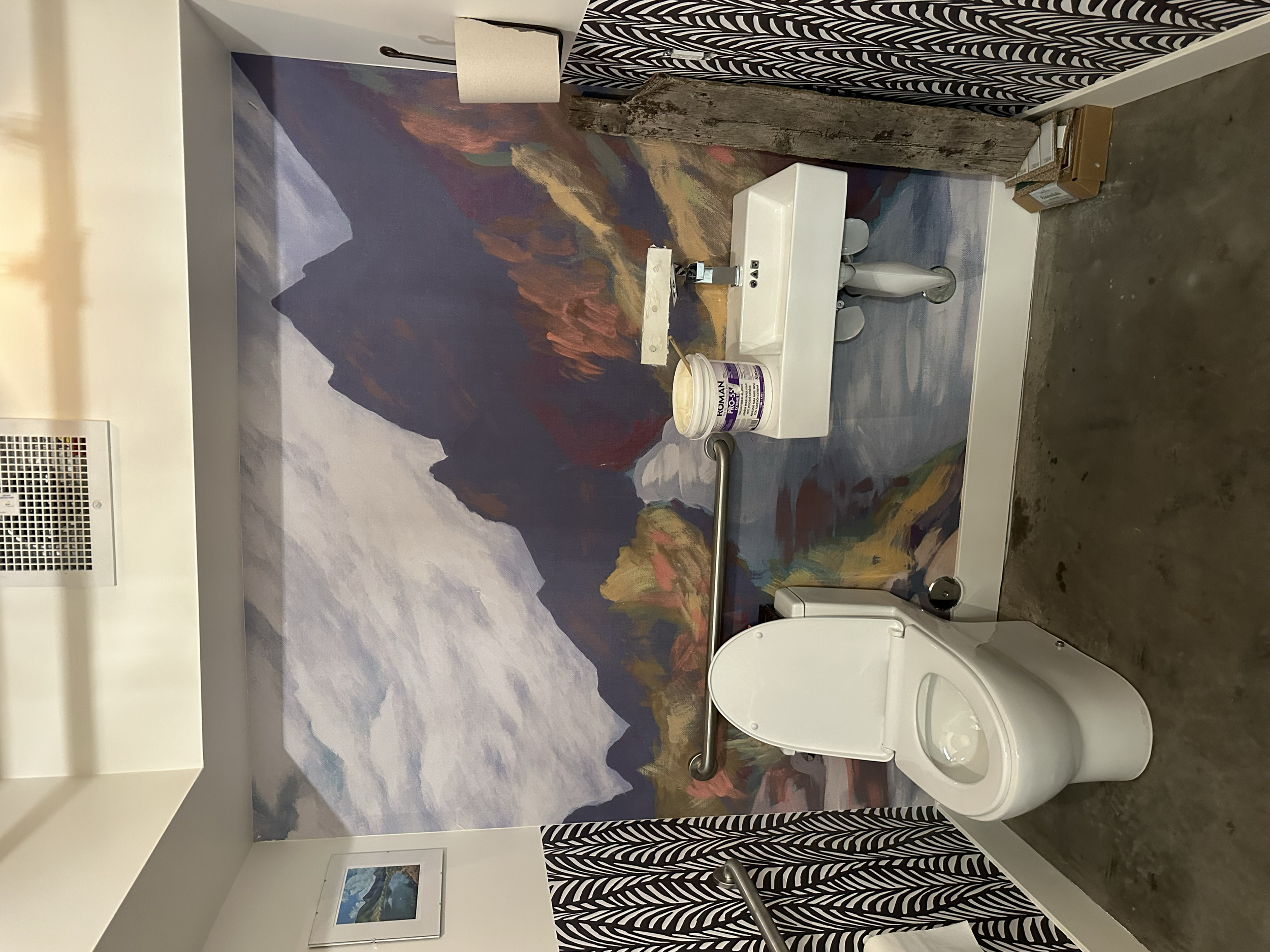 Accessible bathroom with a mountain mural on the wall, a white toilet with a seat cover, grab bars, a white shelf with a container of cleaning wipes, and zebra-patterned curtains.