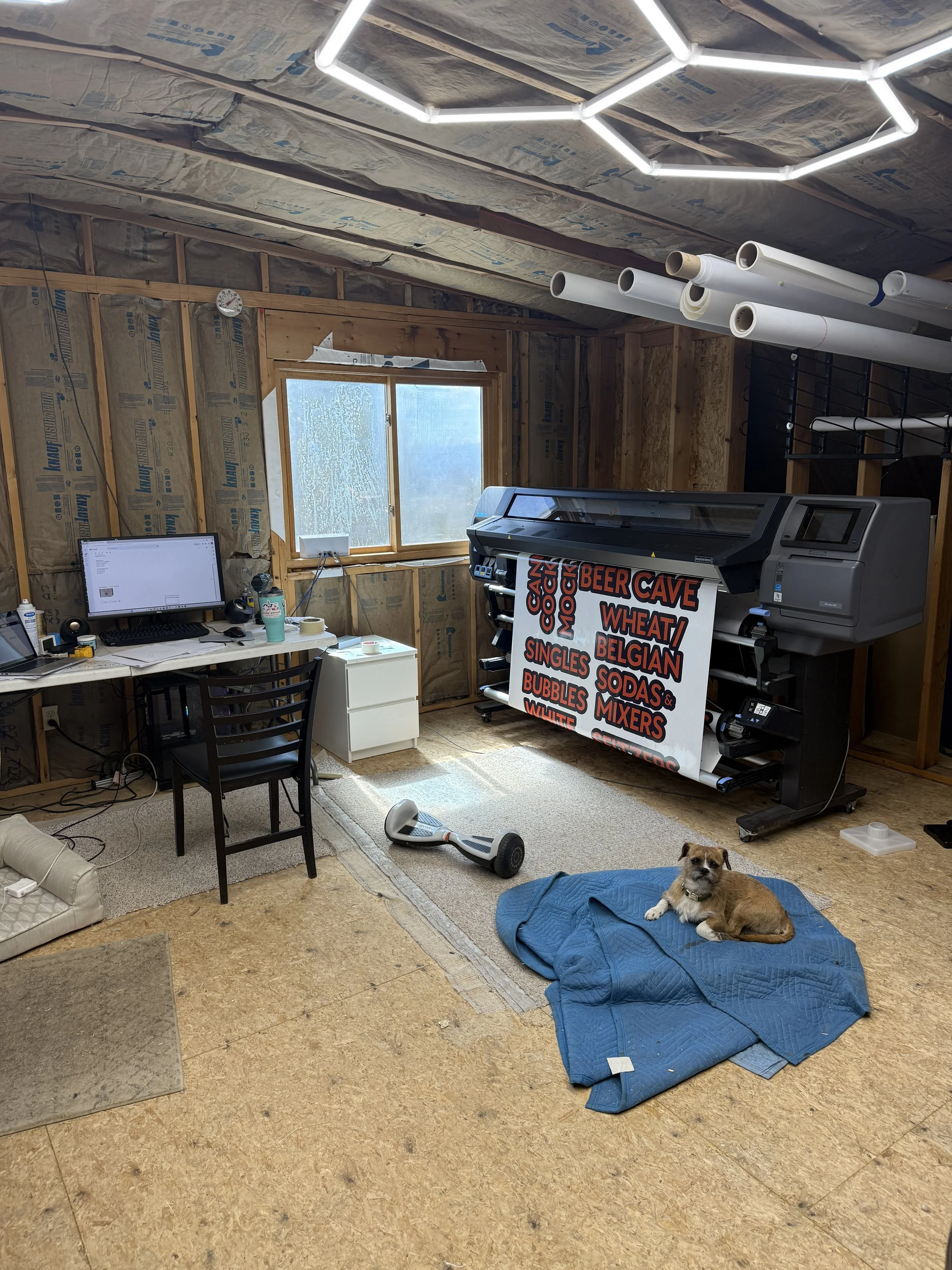 This image shows an unfinished room with plywood walls and insulation. There is a computer setup on a desk, a white drawer, a dog lying on a blue blanket, and a hoverboard on the floor. A sign on the printer lists various beverage options.
