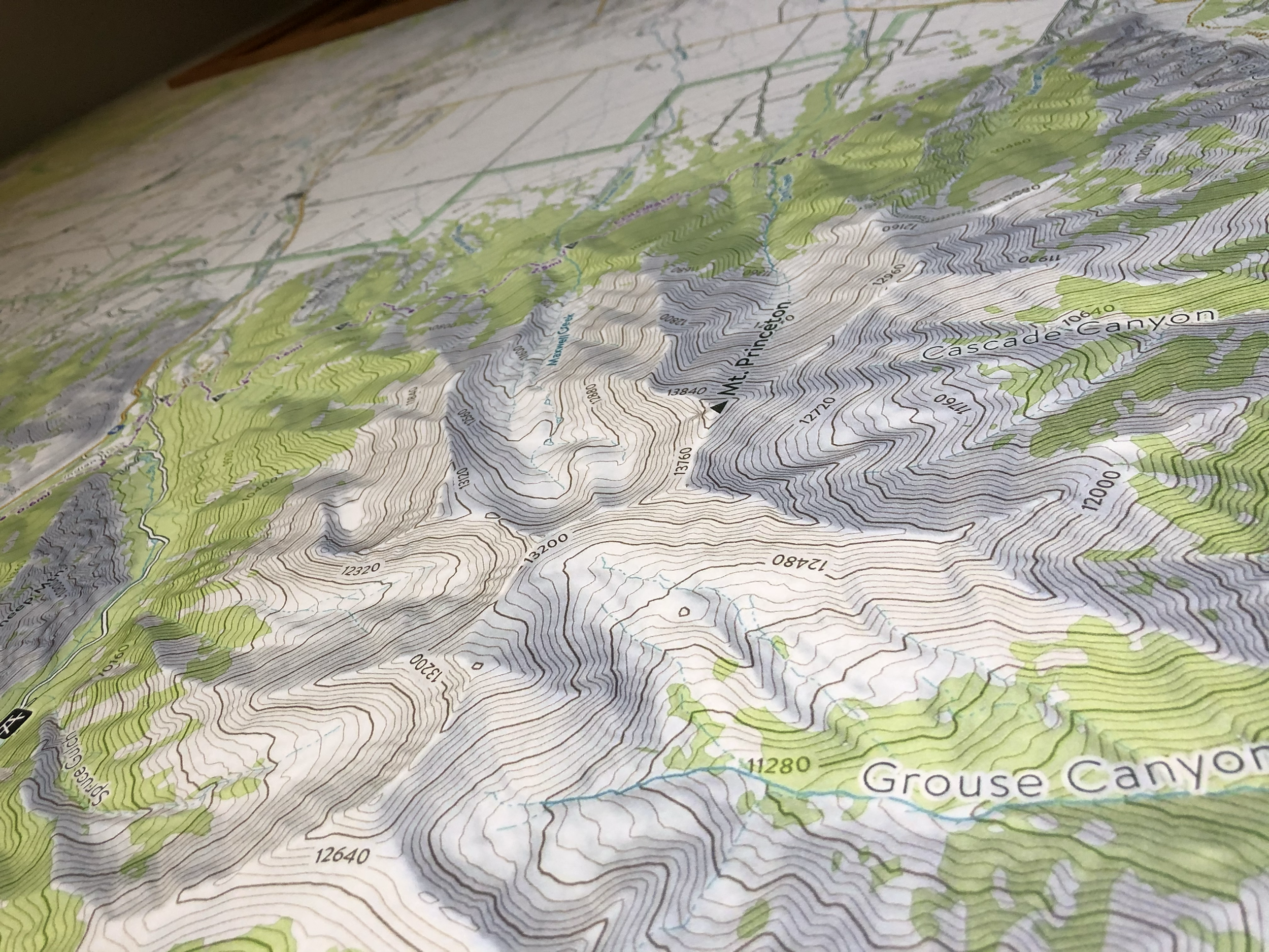 A detailed topographic map showing mountain peaks, valleys, and trails with elevation lines. The map labels include Mount Prince as well as Cascade Canyon and Grouse Canyon.