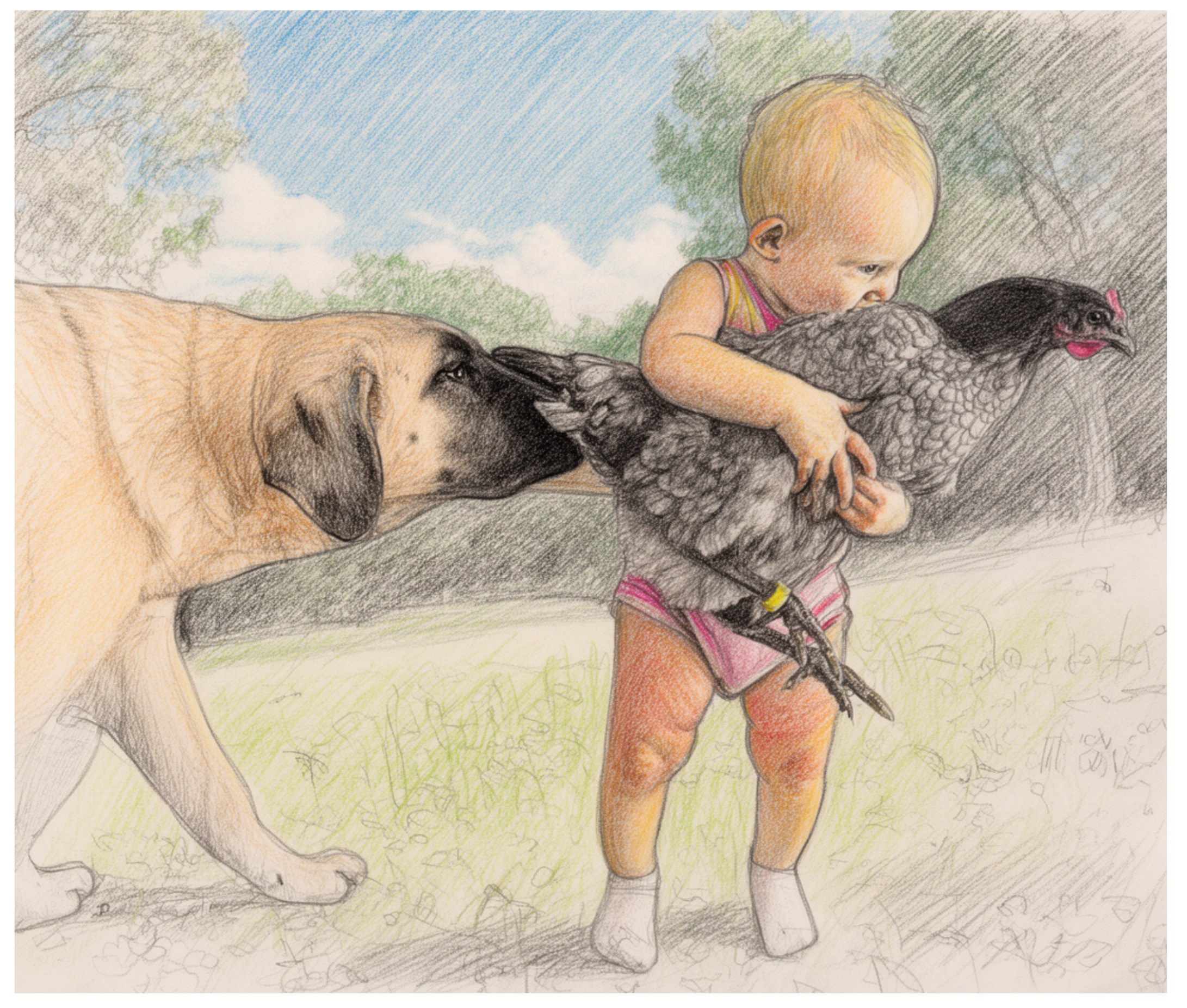 Sketch of baby holding chicken with fawn colored, black face and black ear markings anatolian shepherd puppy following behind the baby sniffing the  chicken