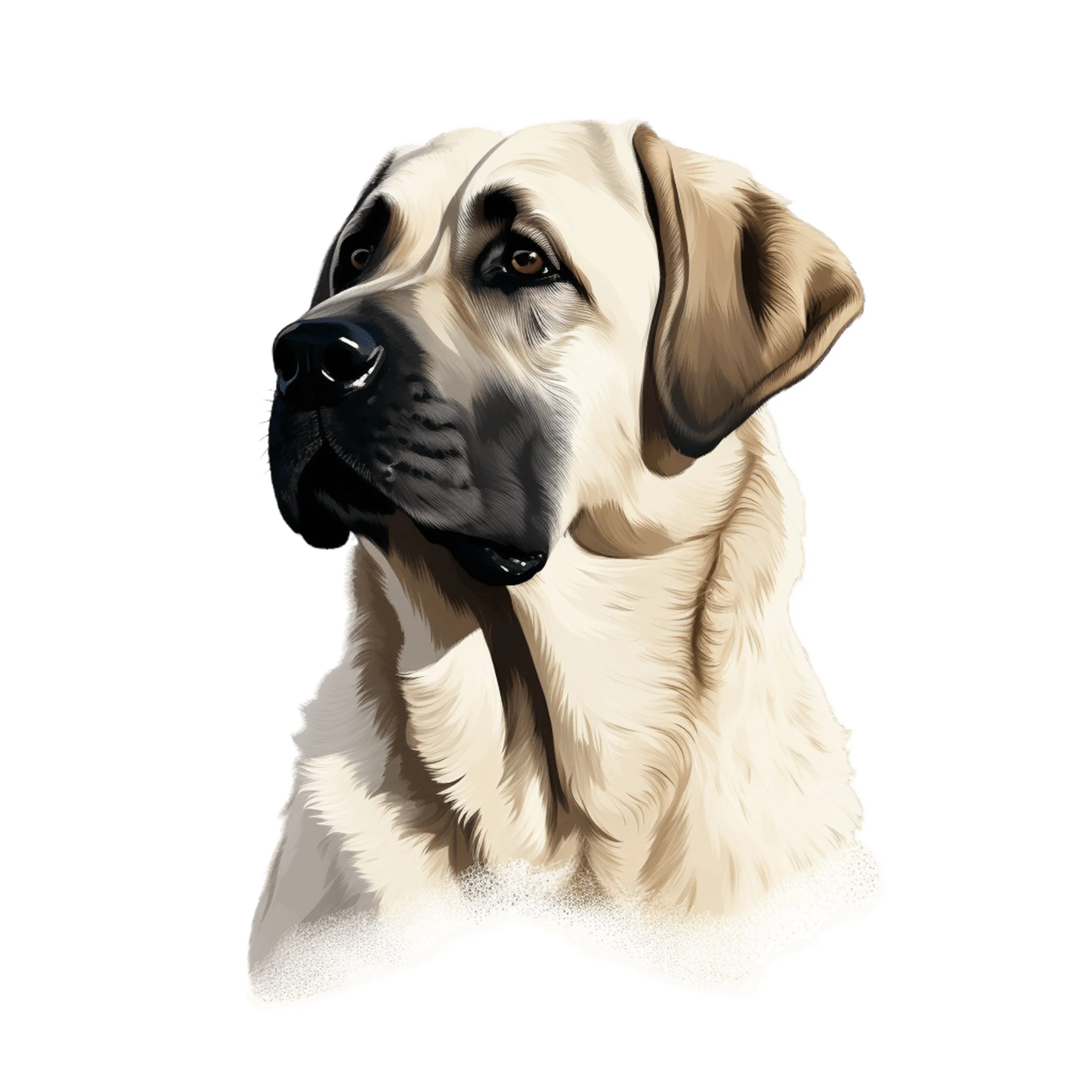 Digital illustration of a large dog with short tan and white fur, dark markings around the eyes, and floppy ears, sitting against a plain white background.