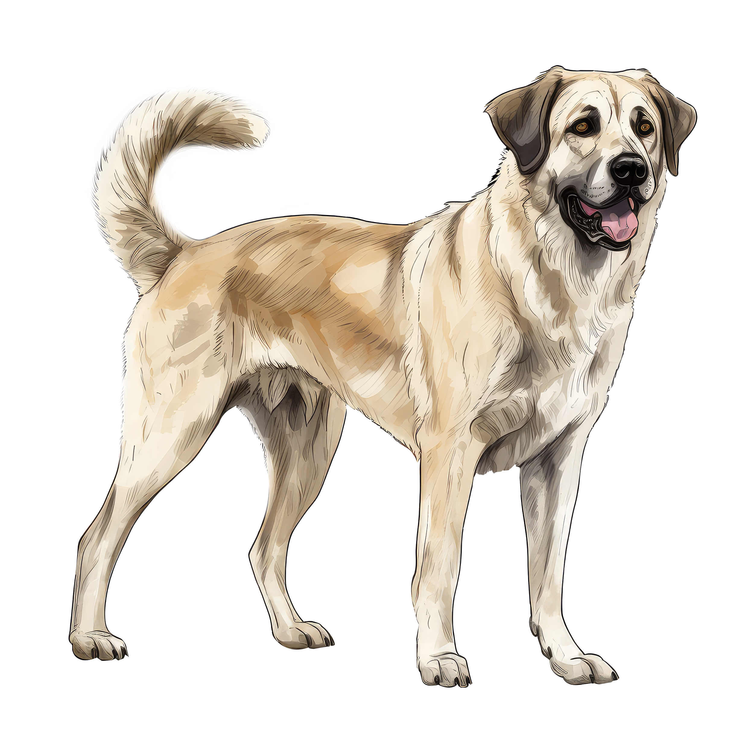 Illustration of a happy Anatolian Shepherd dog with a beige coat, dark facial markings, and a long, fluffy tail looking friendly