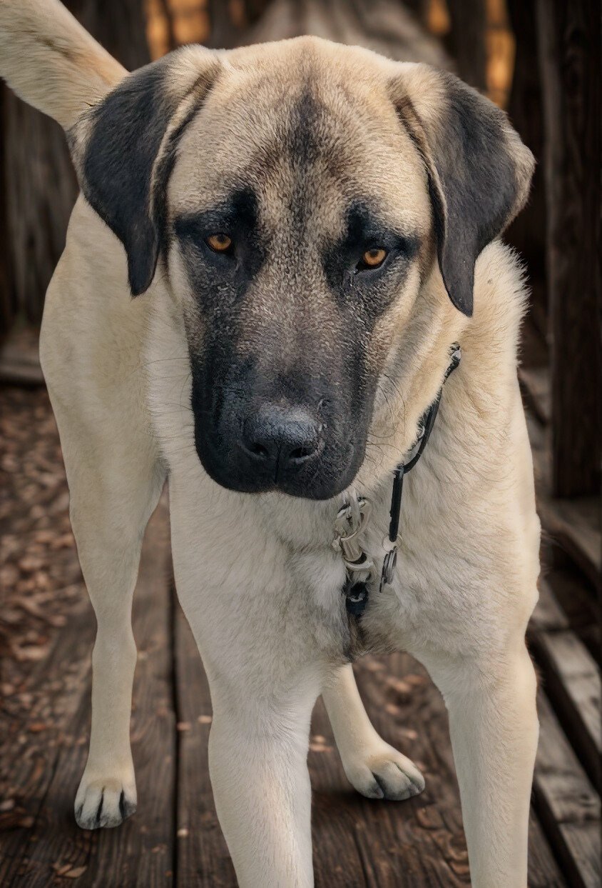 Close-up of a large, tan and black dog with a serious expression, standing on a wooden surface outdoors.