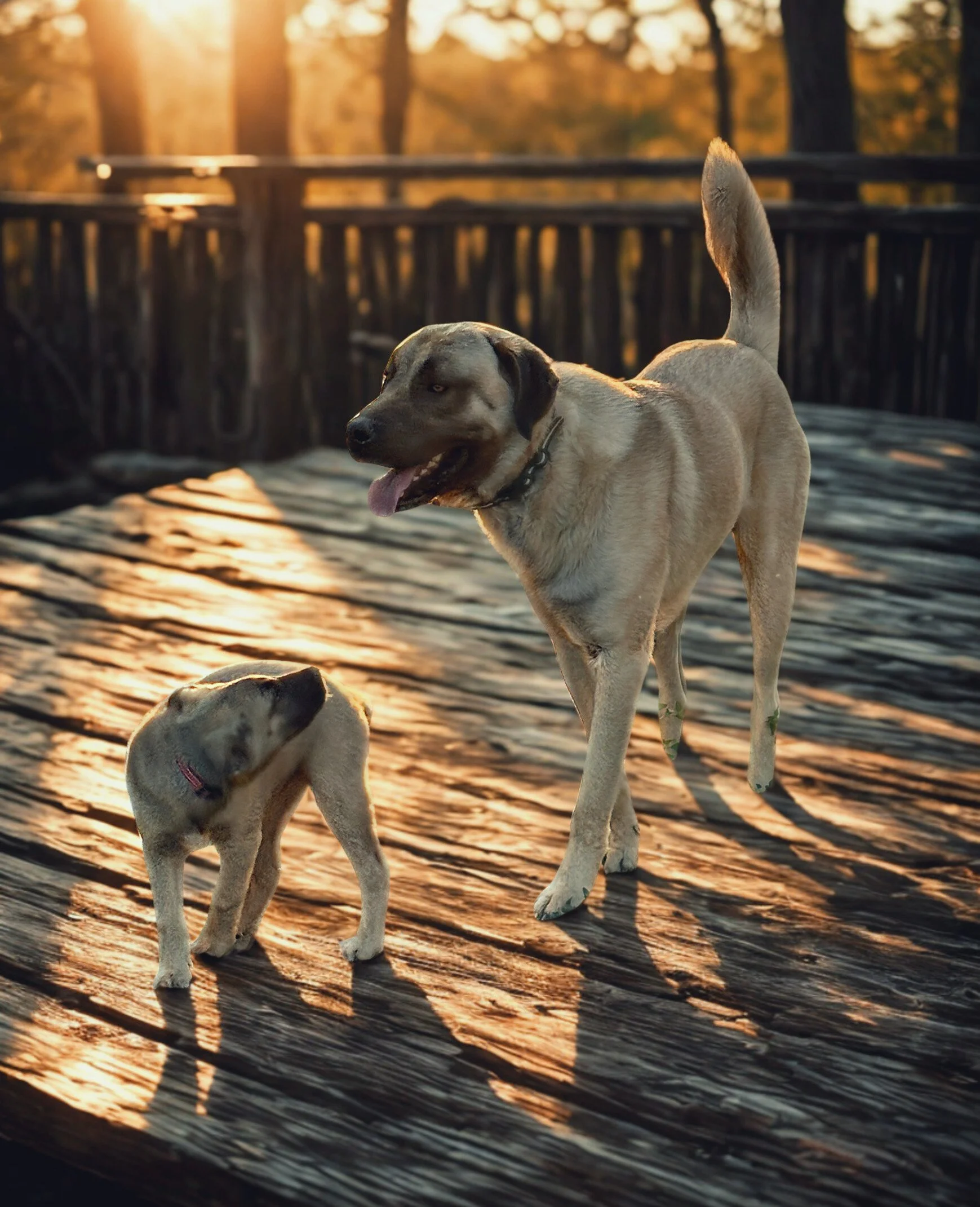 Two dogs, one large and one small, walking on a wooden bridge during sunset.