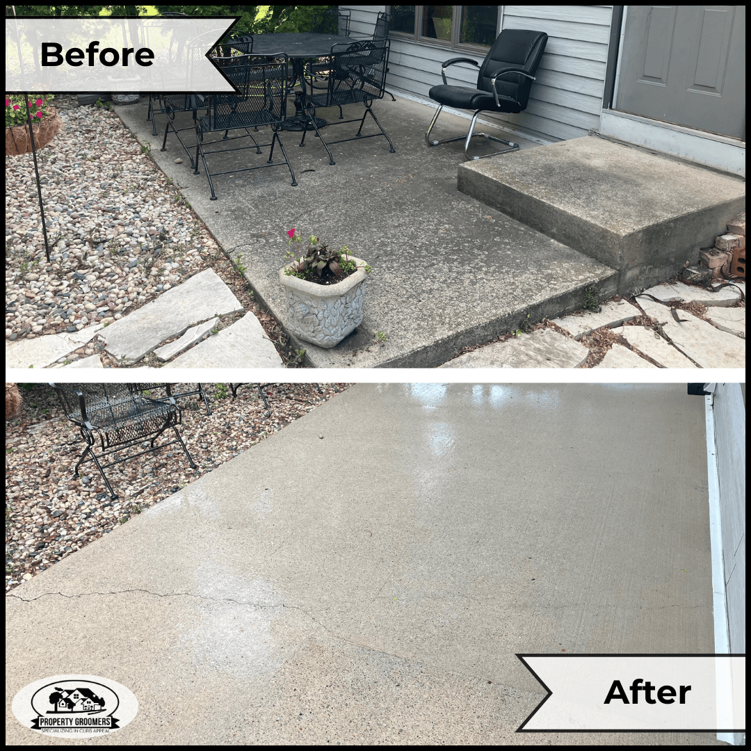 Comparison of a concrete patio before and after cleaning. The top image shows a dirt-stained, weathered concrete surface with outdoor furniture and a plant pot. The bottom image shows a clean, freshly polished concrete surface, free of stains and deb