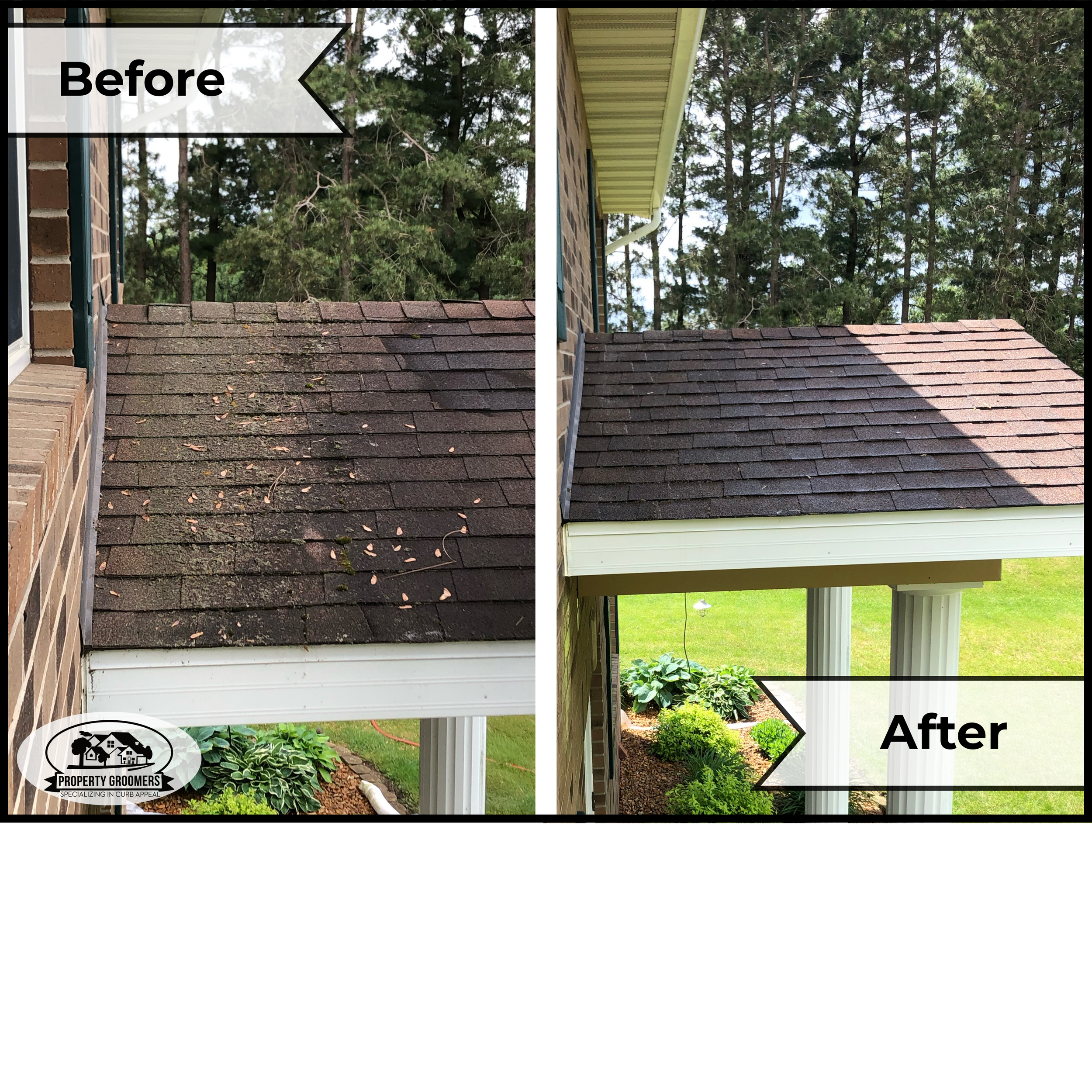 Side-by-side comparison of a roof before and after cleaning, showing moss and dirt removal.