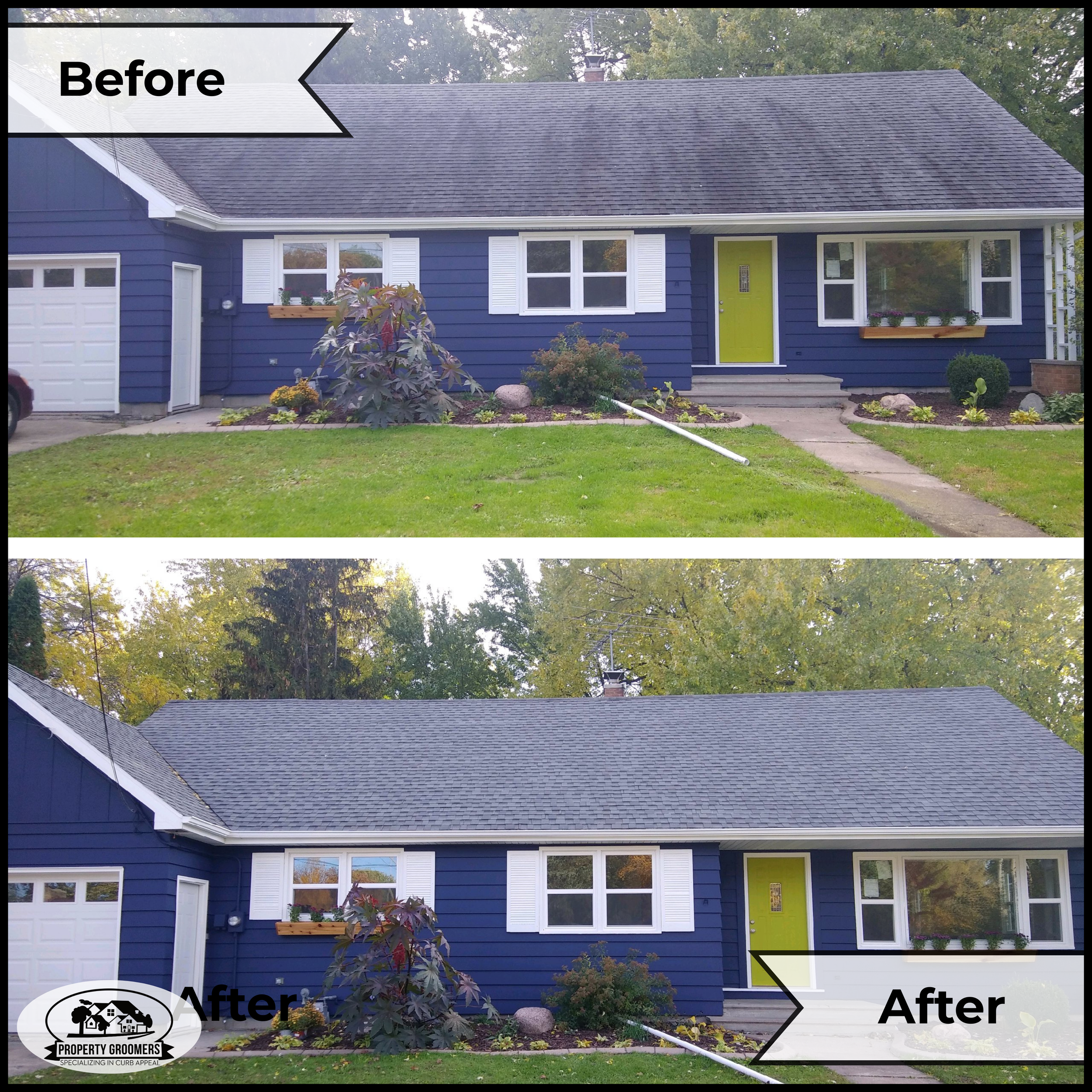 Side-by-side comparison of a house before and after landscaping and roof washing. The house has blue siding, white trim, and a lime green front door. The 'before' image shows a roof with streaks while the 'after' image highlights the improved landsca