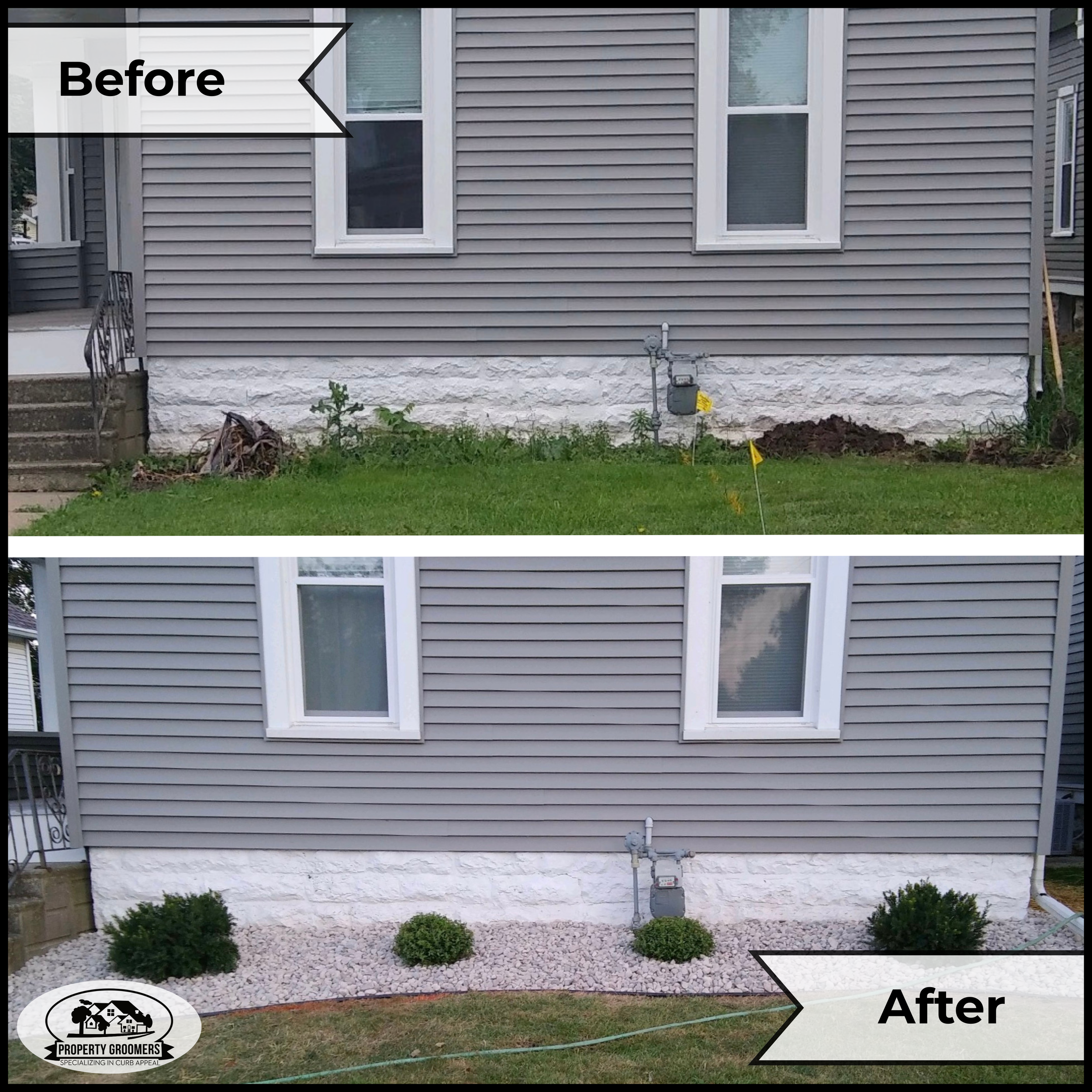 Before and after images of the side of a house showing yard landscaping. The top image labeled 'Before', shows a house with a grassy yard, some plants, and a patch of soil near the house foundation. The bottom image labeled 'After', shows the same ho