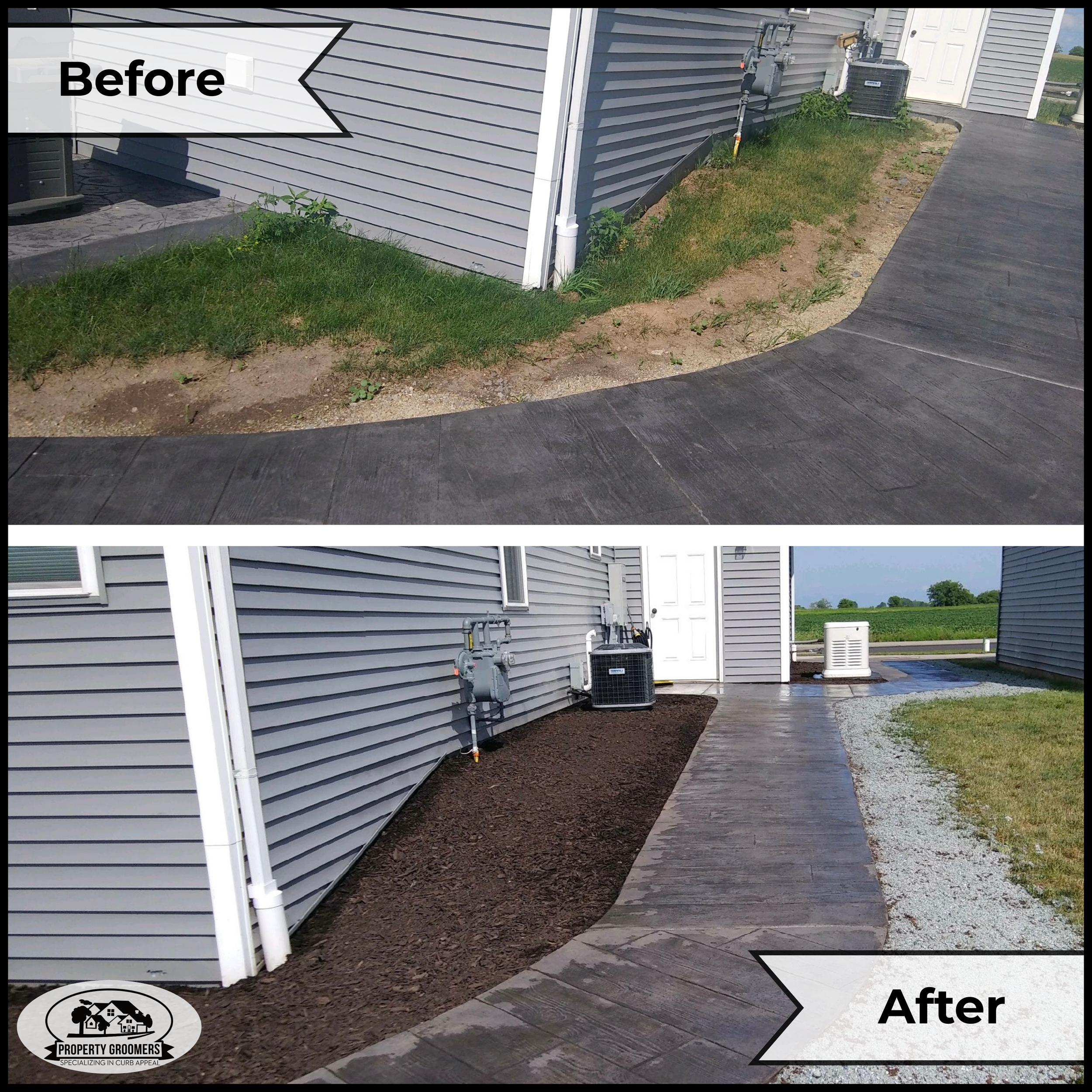 Side view of a house's exterior showing a heavily weeded lawn and uneven soil area before renovation, and a newly landscaped yard with fresh mulch after landscaping.