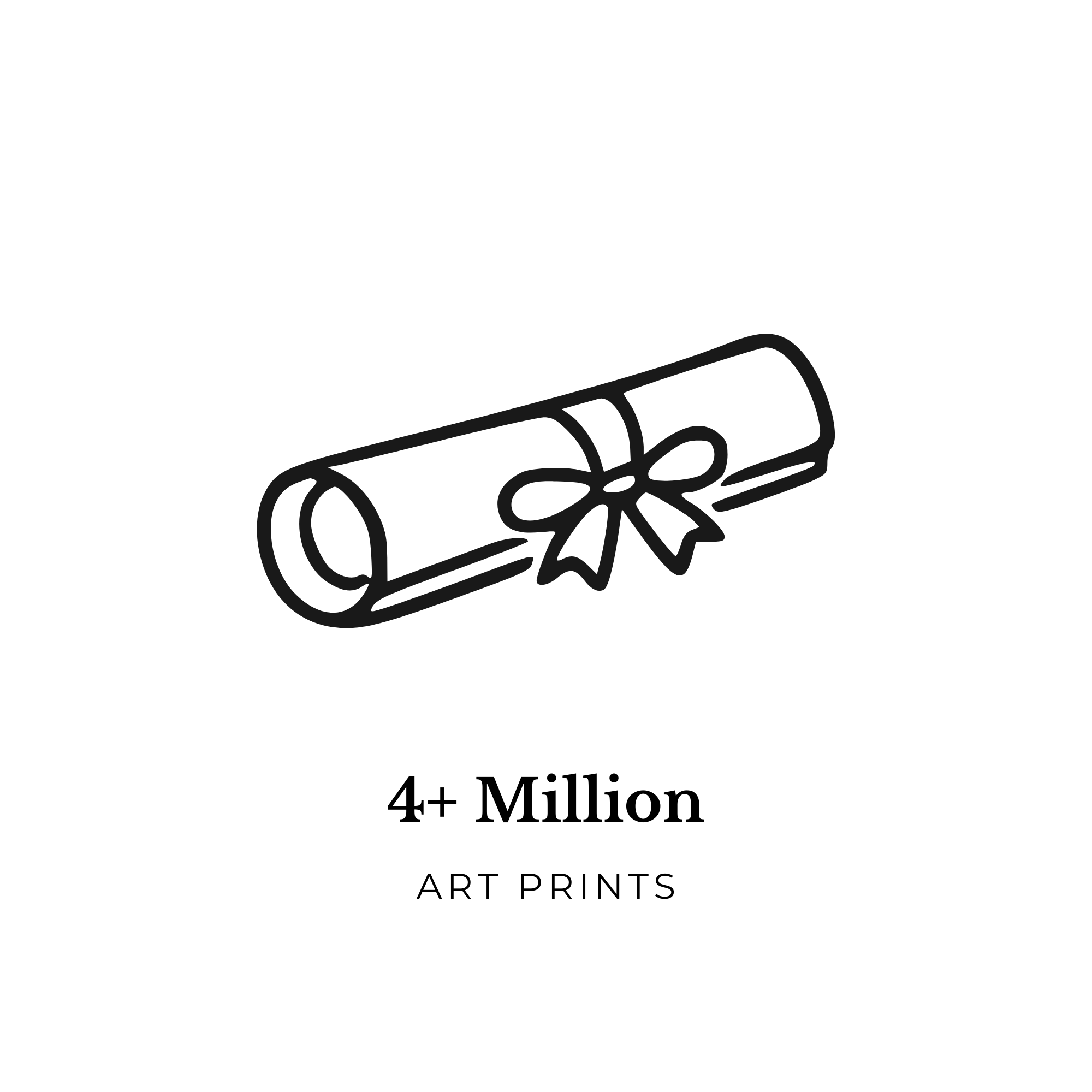 Simple illustration of a rolled up paper with a bow tied around it with the caption:  4+ Million Art Prints.
