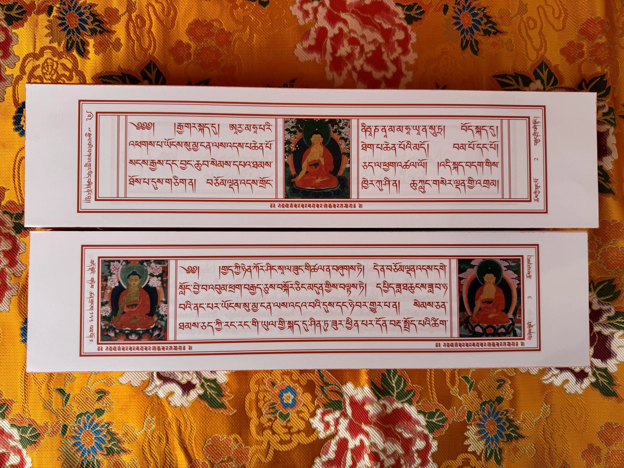 An open loose-leaf style pecha book with Tibetan script and images of meditating Buddhas, photographed on a floral fabric background.