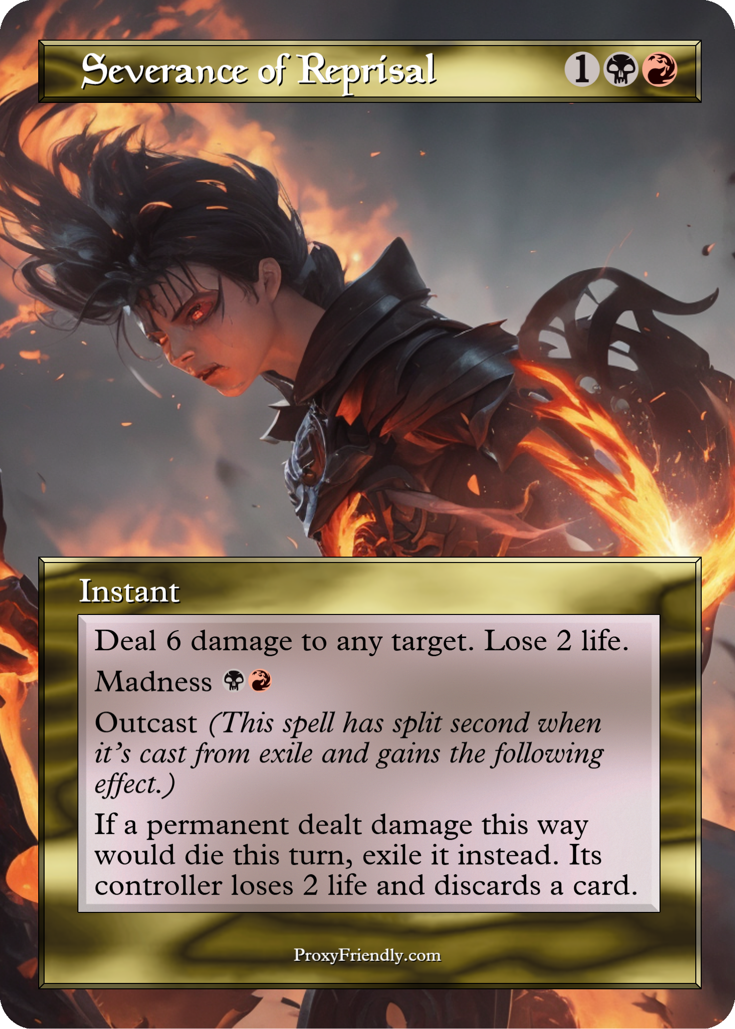 A fantasy-themed card titled 'Severance of Reprisal' featuring a character with glowing red eyes, dark hair, and fiery elements, with gameplay details about dealing damage, losing lives, and spell effects.