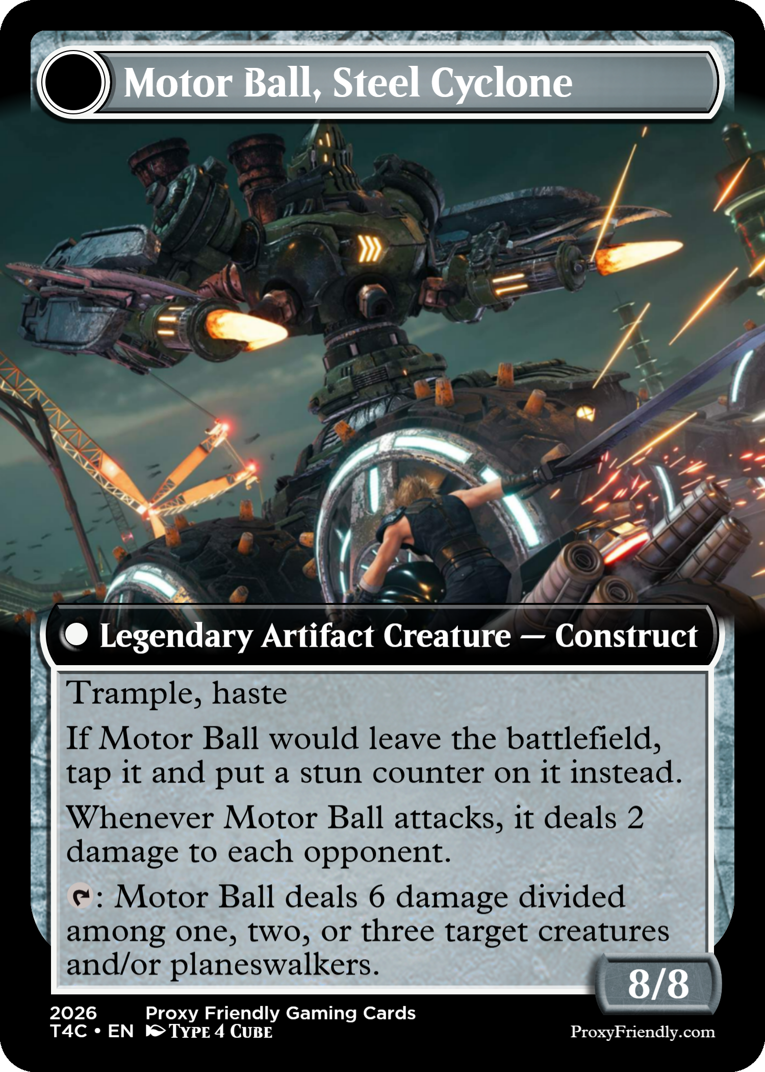 A trading card from a game depicting a large mechanical motorized sphere with thrusters and a human figure attacking it, with explosions and a dark sky background.