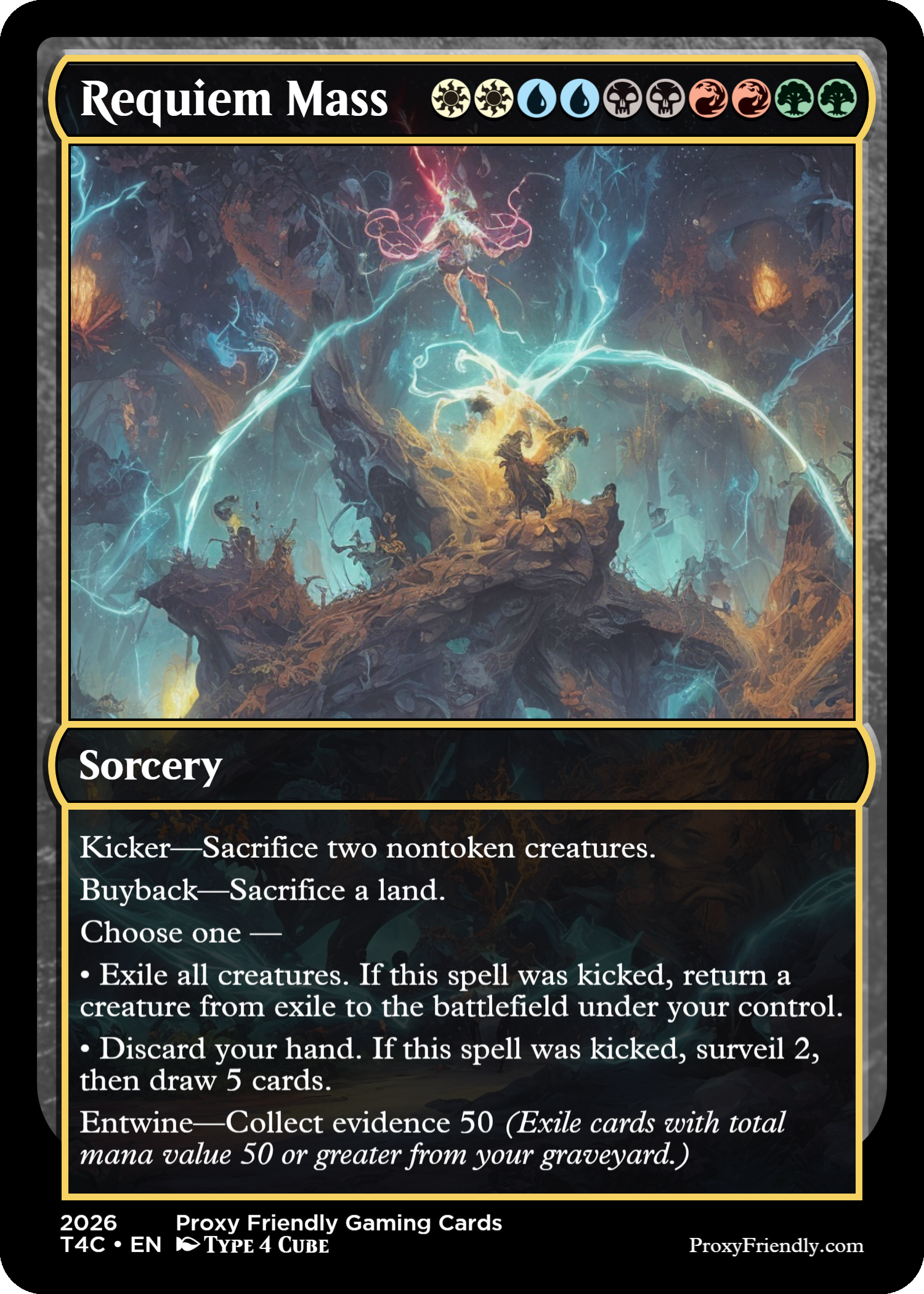 A fantasy-themed trading card titled 'Requiem Mass' with artwork depicting a chaotic scene with lightning and mystical figures on a dark, rocky landscape.