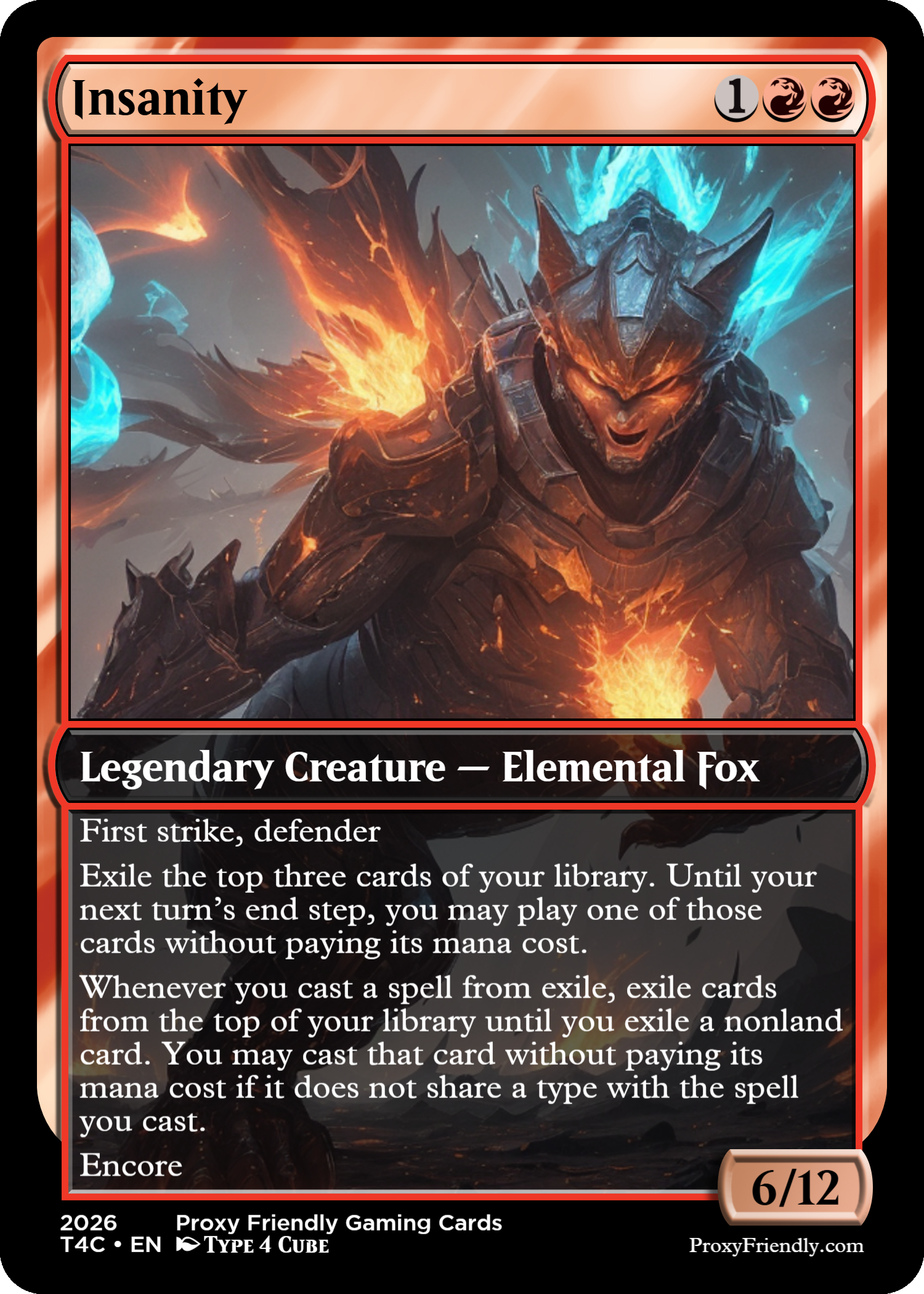 A trading card titled 'Insanity' featuring an armored elemental fox with fiery and icy elements in the background.