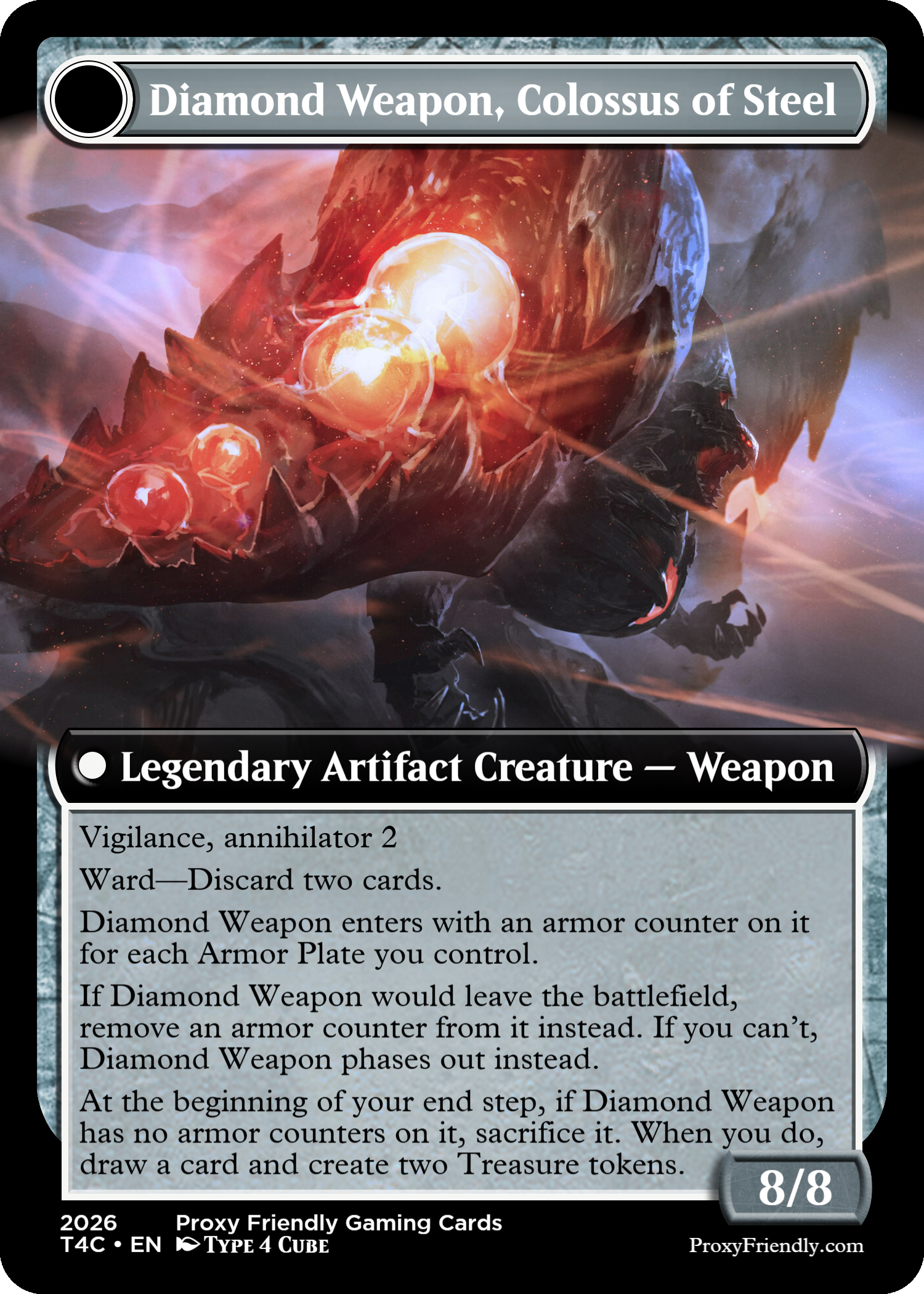 A game card titled 'Weapon, Colossus of Steel' features a dark, armored dragon-like creature with glowing red eyes, surrounded by an abstract cosmic background with a bright star or explosion and shards of metal or ice. The card contains game rules and statistics, including its type as a legendary artifact creature - weapon, with an 8/8 power and toughness, and details about its abilities and interactions in gameplay.