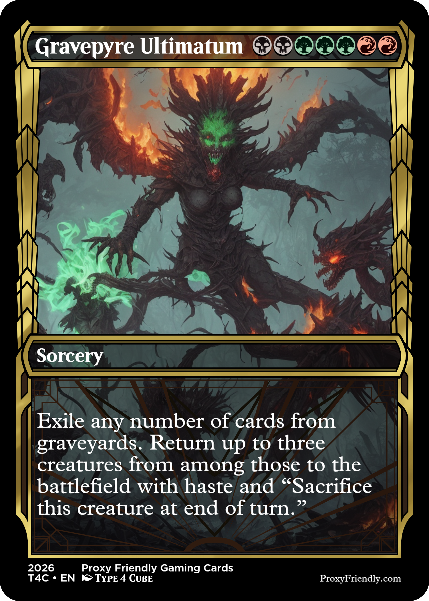 A fantasy trading card titled "Gravepyre Ultimatum" featuring a dark creature with a skull-like face and glowing green hair, surrounded by smaller fiery and shadowy monsters, with a foggy forest background.