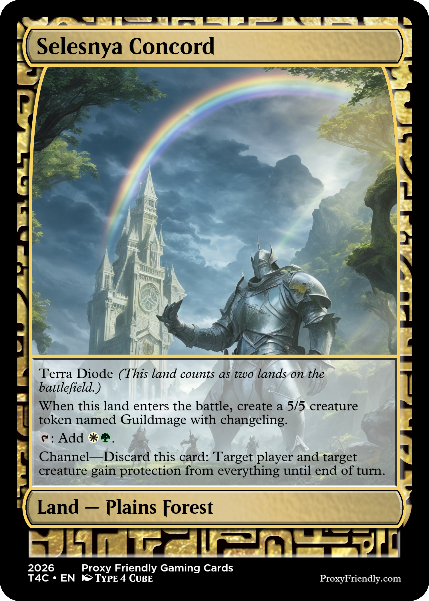 A fantasy-themed trading card featuring a medieval knight in shining armor, standing in a lush forest with tall trees, a majestic castle with spires and a clock tower, and a vibrant rainbow arcing across a stormy sky.