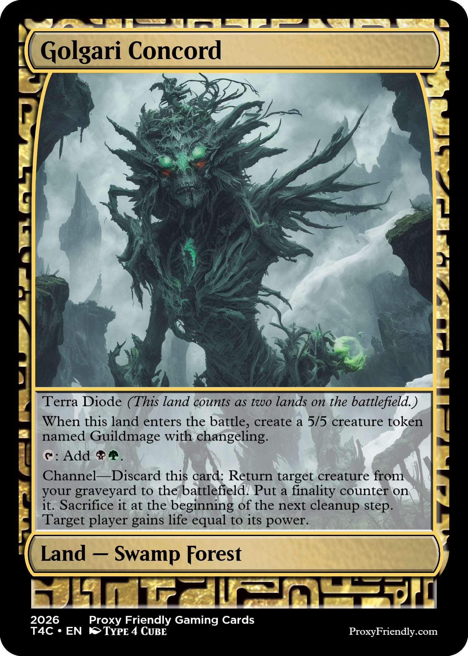 A fantasy illustrated card titled Golgari Concord showing a twisted, tree-like creature with glowing green eyes and moss or magic flowing from its hands, set in a misty, mountainous landscape.