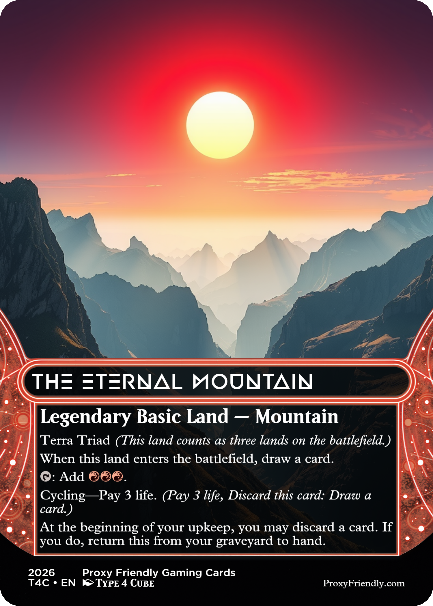 A fantasy-themed gaming card titled 'The Eternal Mountain' with a mountain landscape and sunset background.