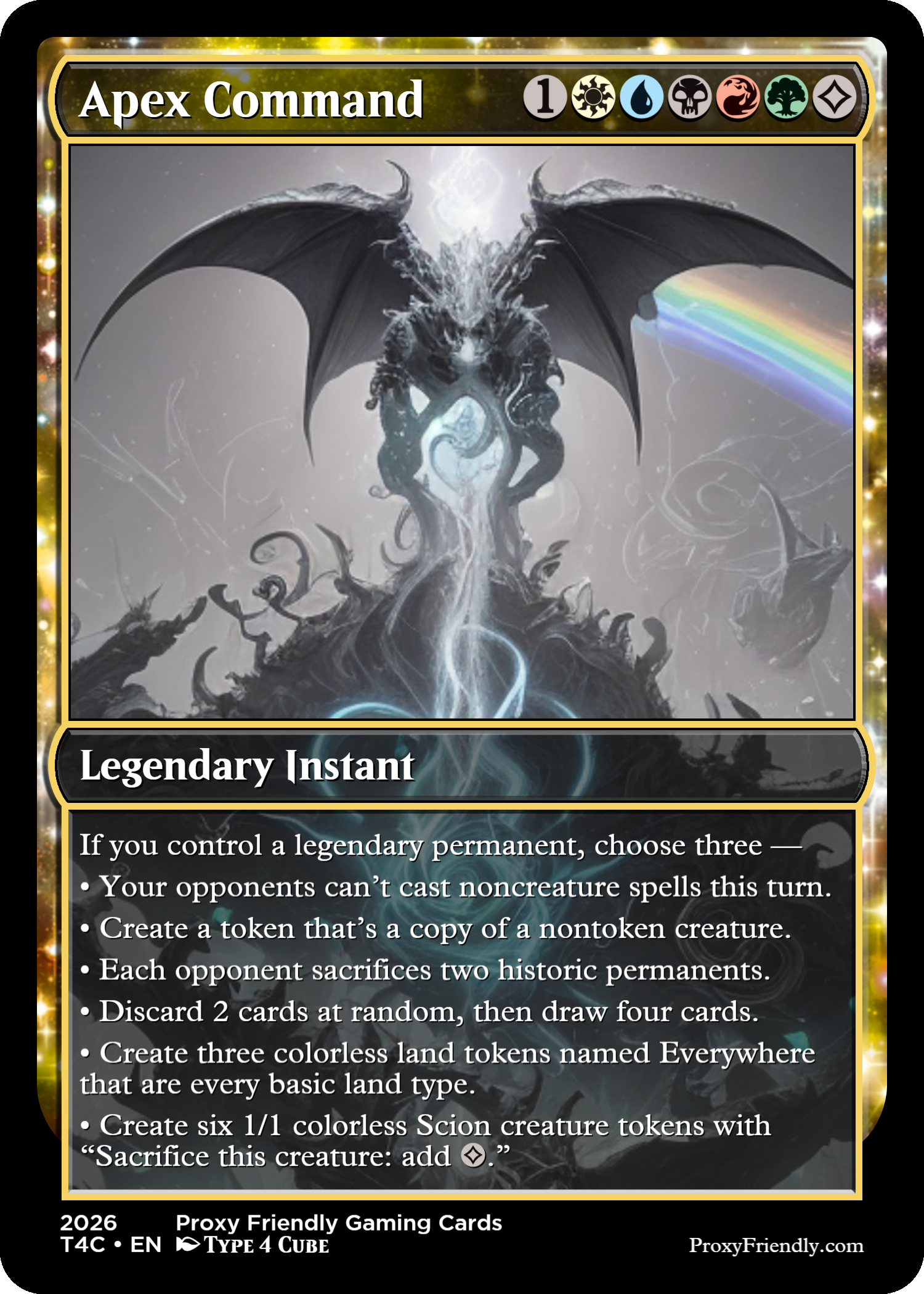 A Magic: The Gathering card titled 'Apex Command' featuring a dark dragon with wings and glowing smoke emanating from its mouth, with a rainbow and a storm cloud in the background.