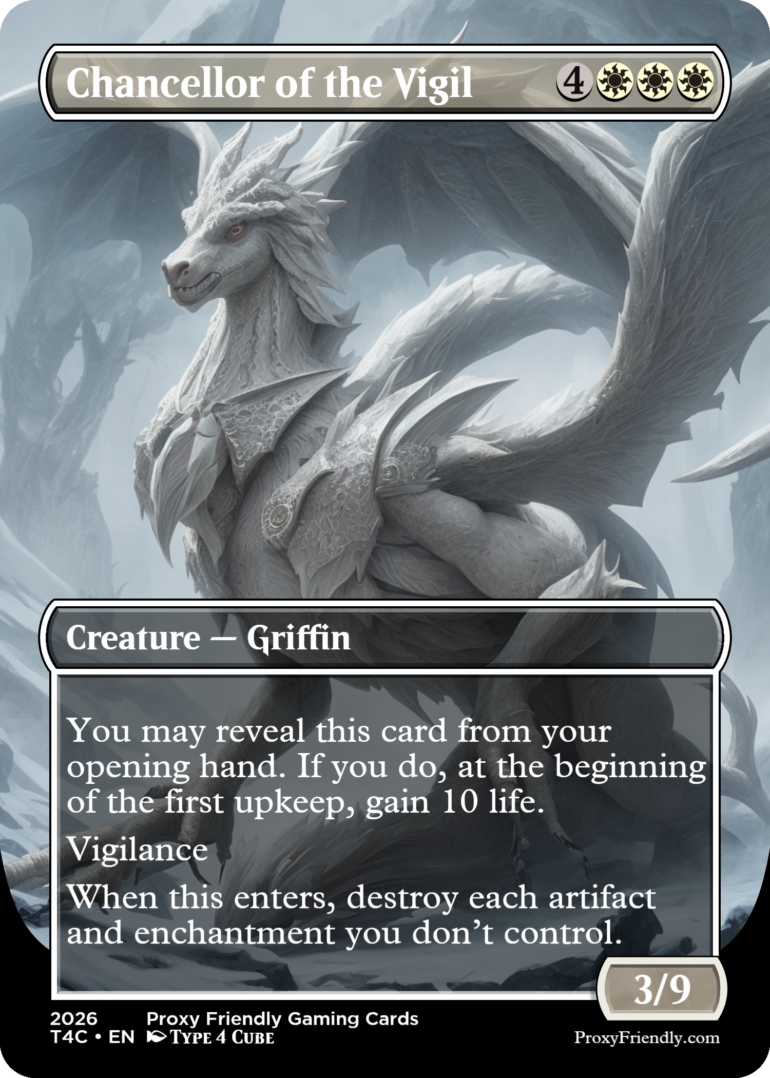 A fantasy artwork of a white dragon with intricate scales and wings, standing in a misty, snow-covered forest.