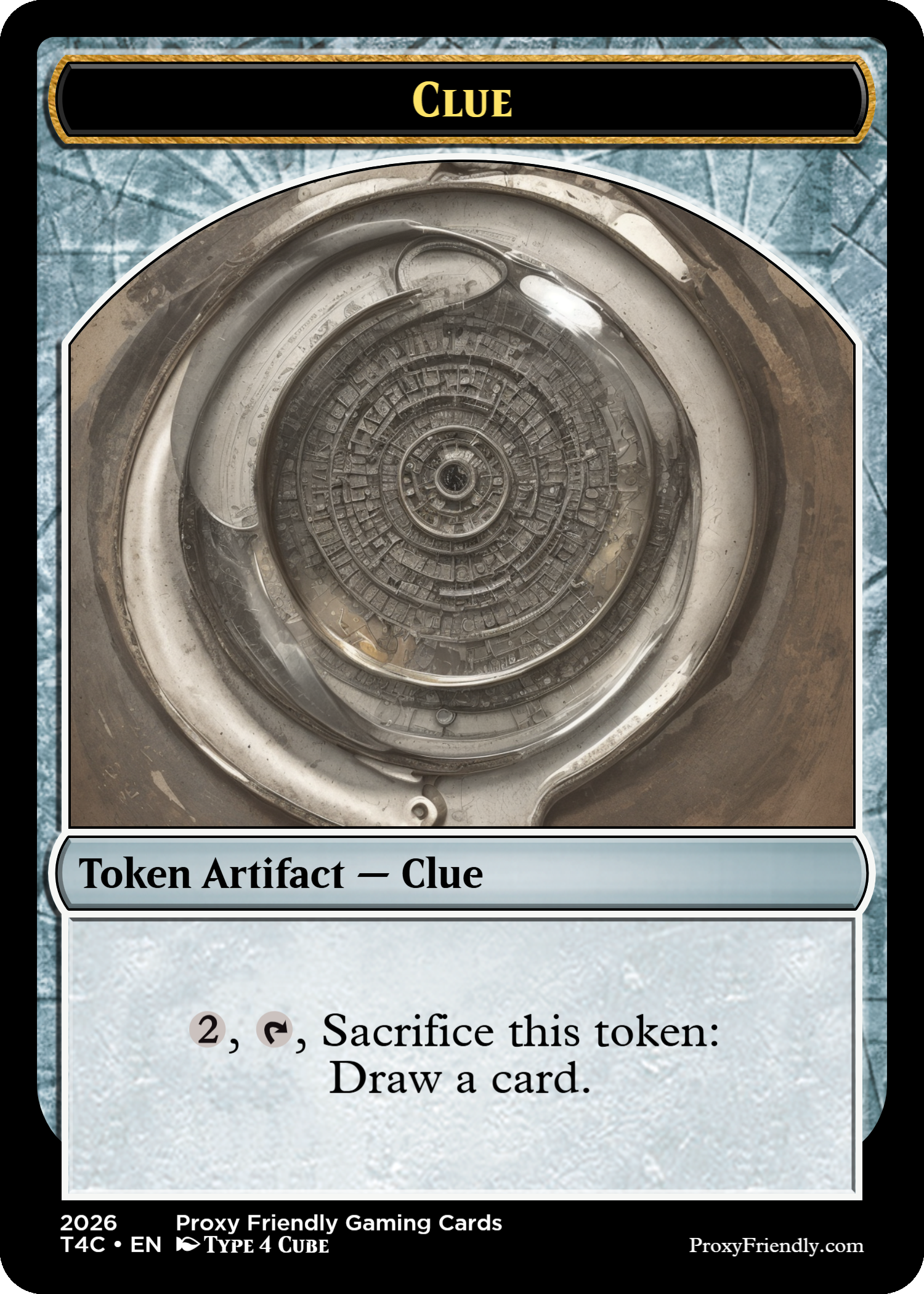 A game card titled 'Clue' with a circular, spiral design in the center, resembling an ancient or scientific device, under the heading 'Token Artifact – Clue'.