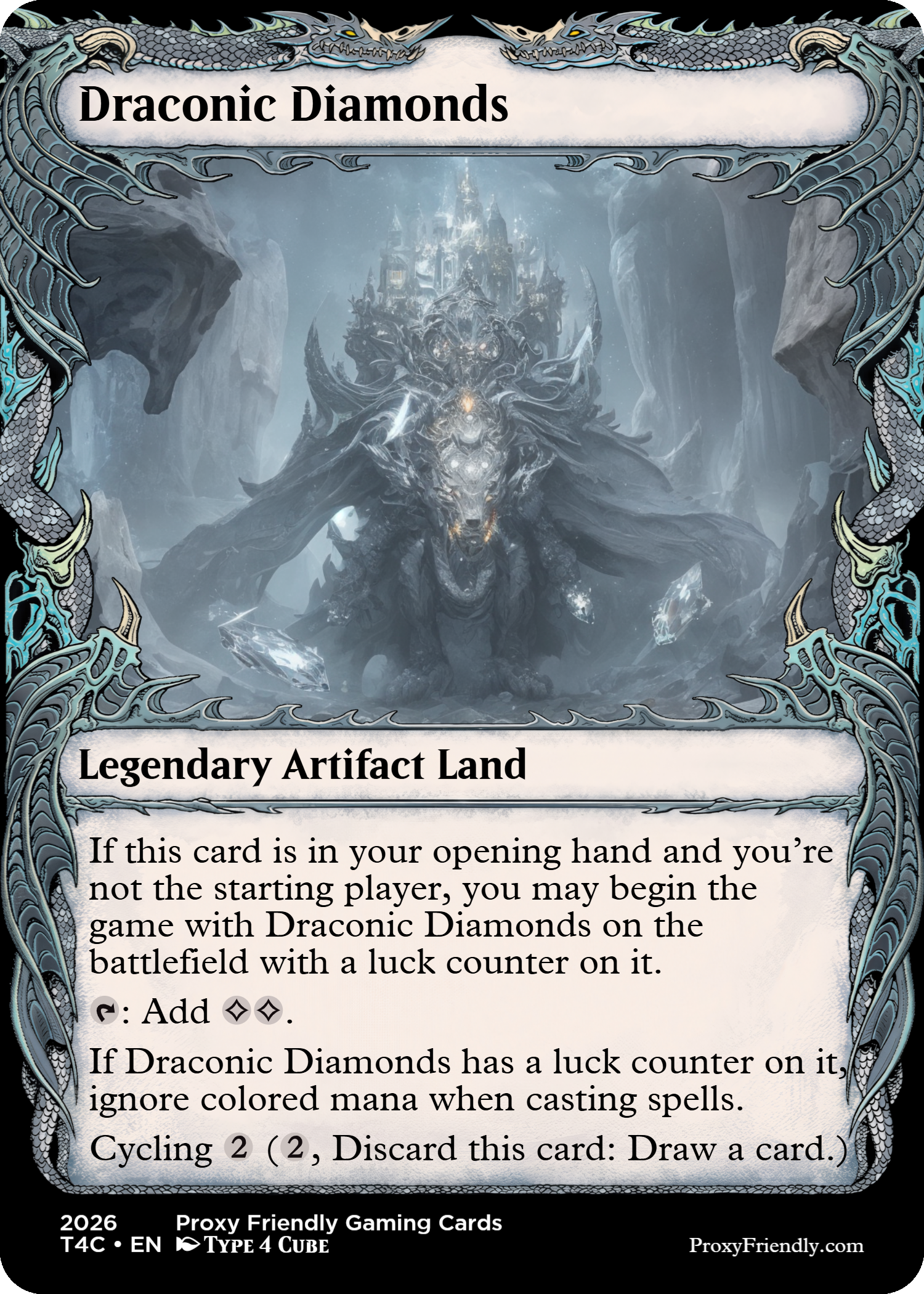 A fantasy trading card titled "Draconic Diamonds" depicts a dark, armored dragon on a snowy mountain landscape. The card has a dragon-themed border with serpents and scales, and features text describing it as a legendary artifact land with game mechanics details at the bottom.