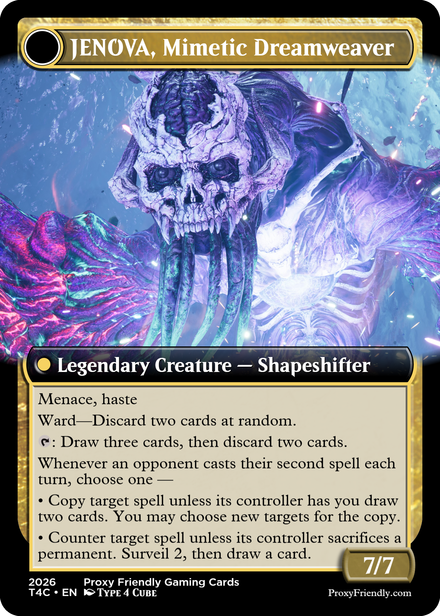 A fantasy game card titled 'JENOVA, Mimetic Dreamweaver', featuring a large skeletal entity with a skull-like face, dark purple and white coloring, horns, and glowing eyes, set against a vibrant, cosmic background.