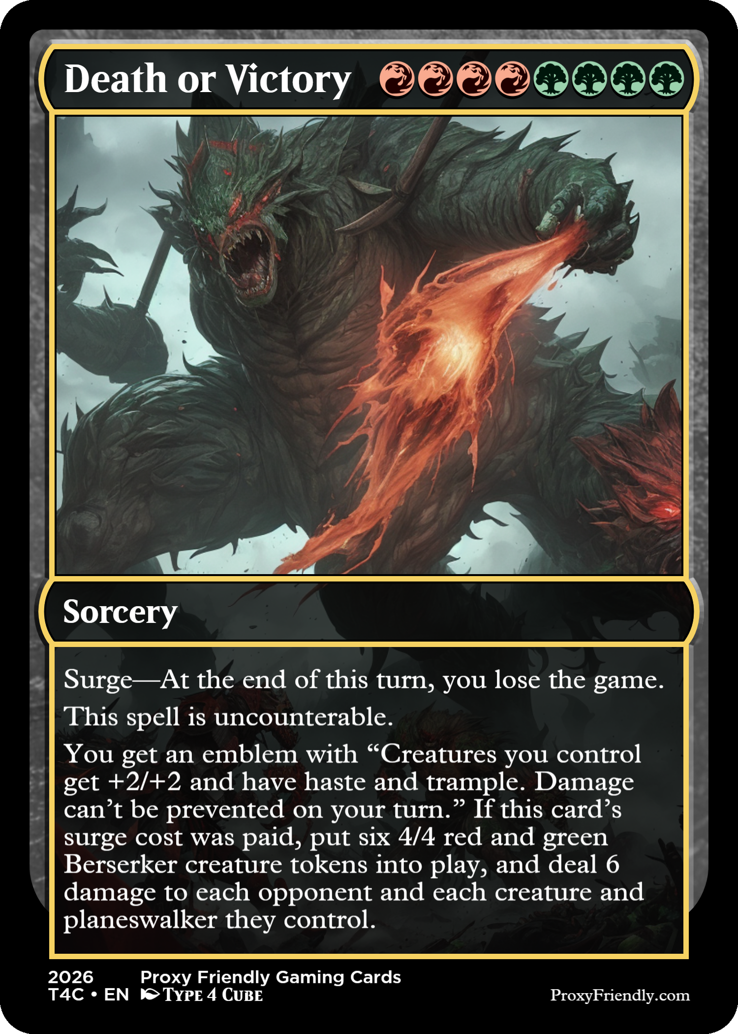 A fantasy trading card titled 'Death or Victory' depicting a large, monstrous creature breathing fire. The creature has a menacing appearance with sharp teeth, spiky armor, and green skin. The card includes game-related icons and text about sorcery effects.