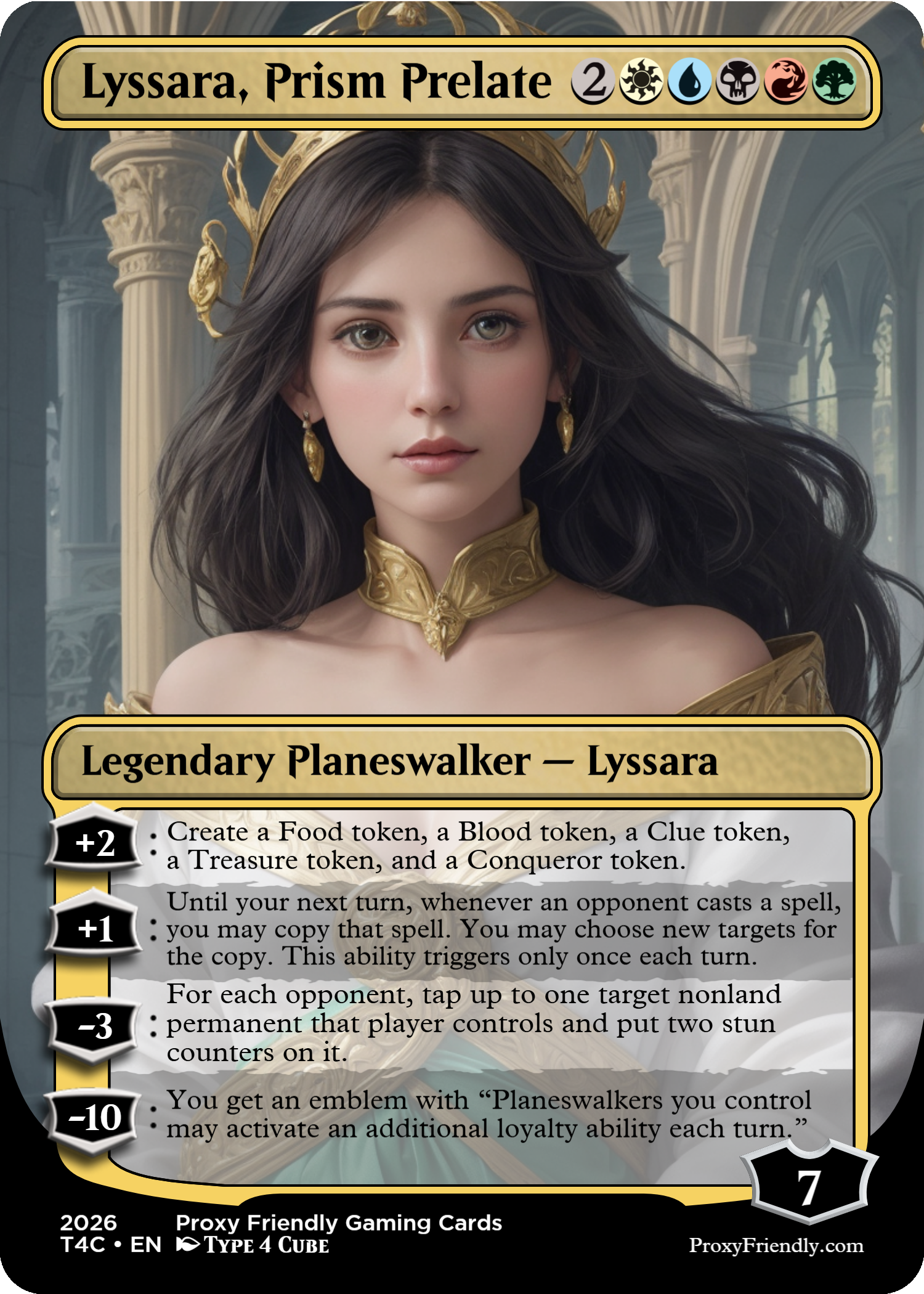 A trading card titled 'Lyssara, Prism Prelate' featuring a portrait of a young woman with long dark hair, wearing gold jewelry and a crown, set against a classical architectural background. The card has game stats and abilities listed below the portrait and is from a collection called 'Proxy Friendly Gaming Cards,' published in 2026.