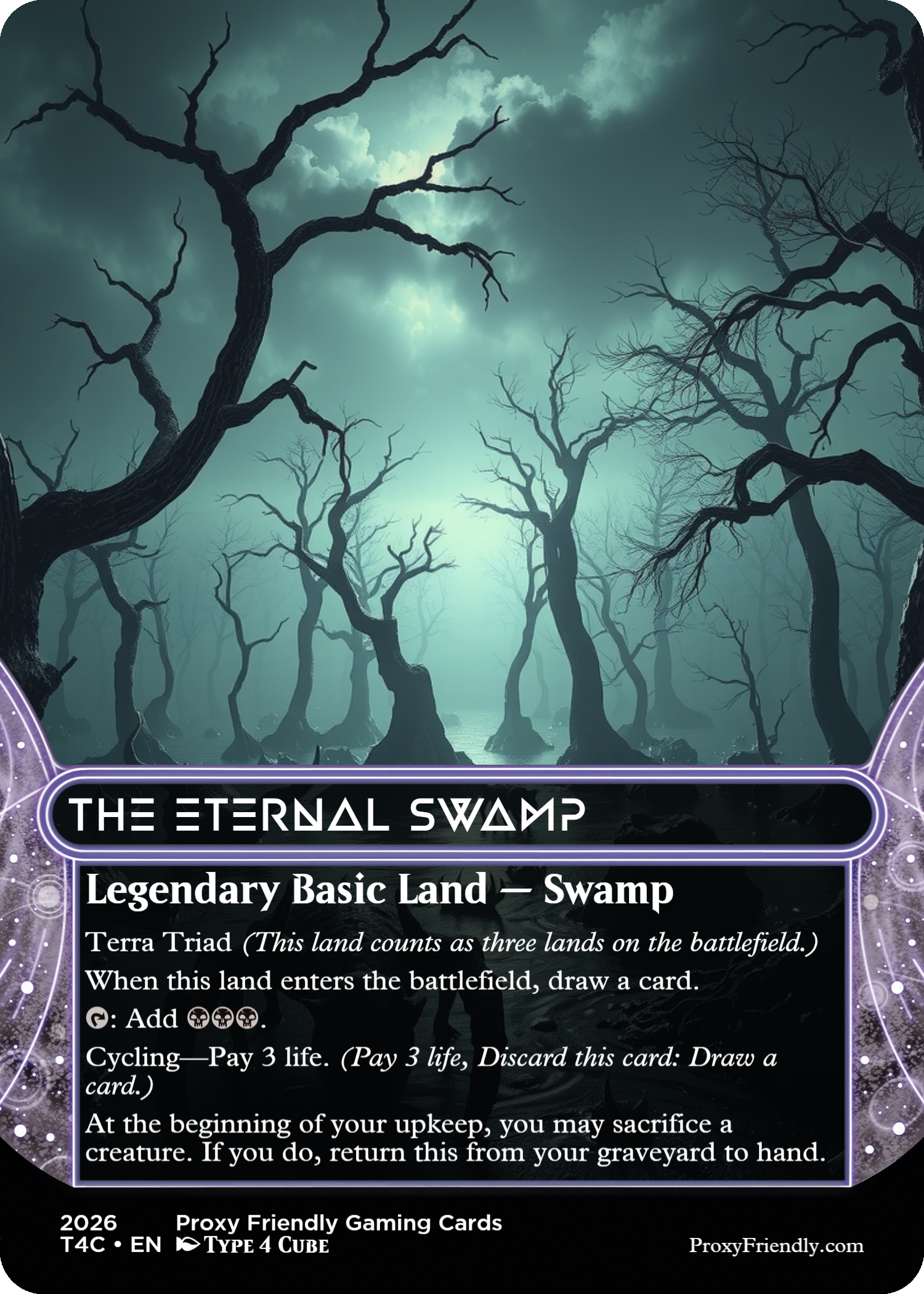 Dark, foggy swamp with leafless trees and a cloudy sky.