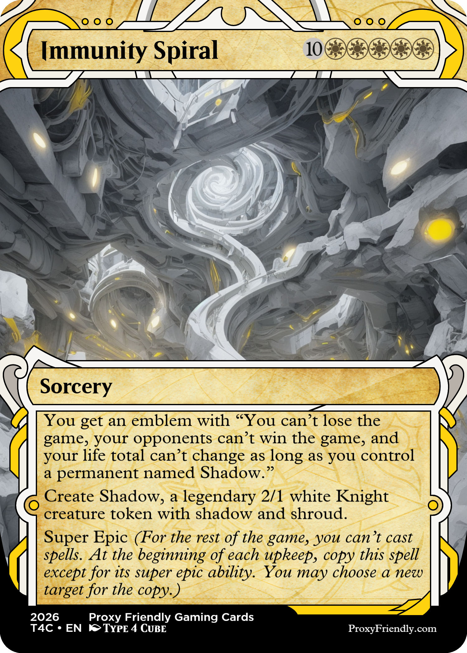 A fantasy-themed game card titled 'Immunity Spiral' with an illustration of a swirling, rocky, underground tunnel with glowing yellow lights. The card has a section describing a 'Sorcery' spell about creating a shadow creature, with additional game instructions and details at the bottom.