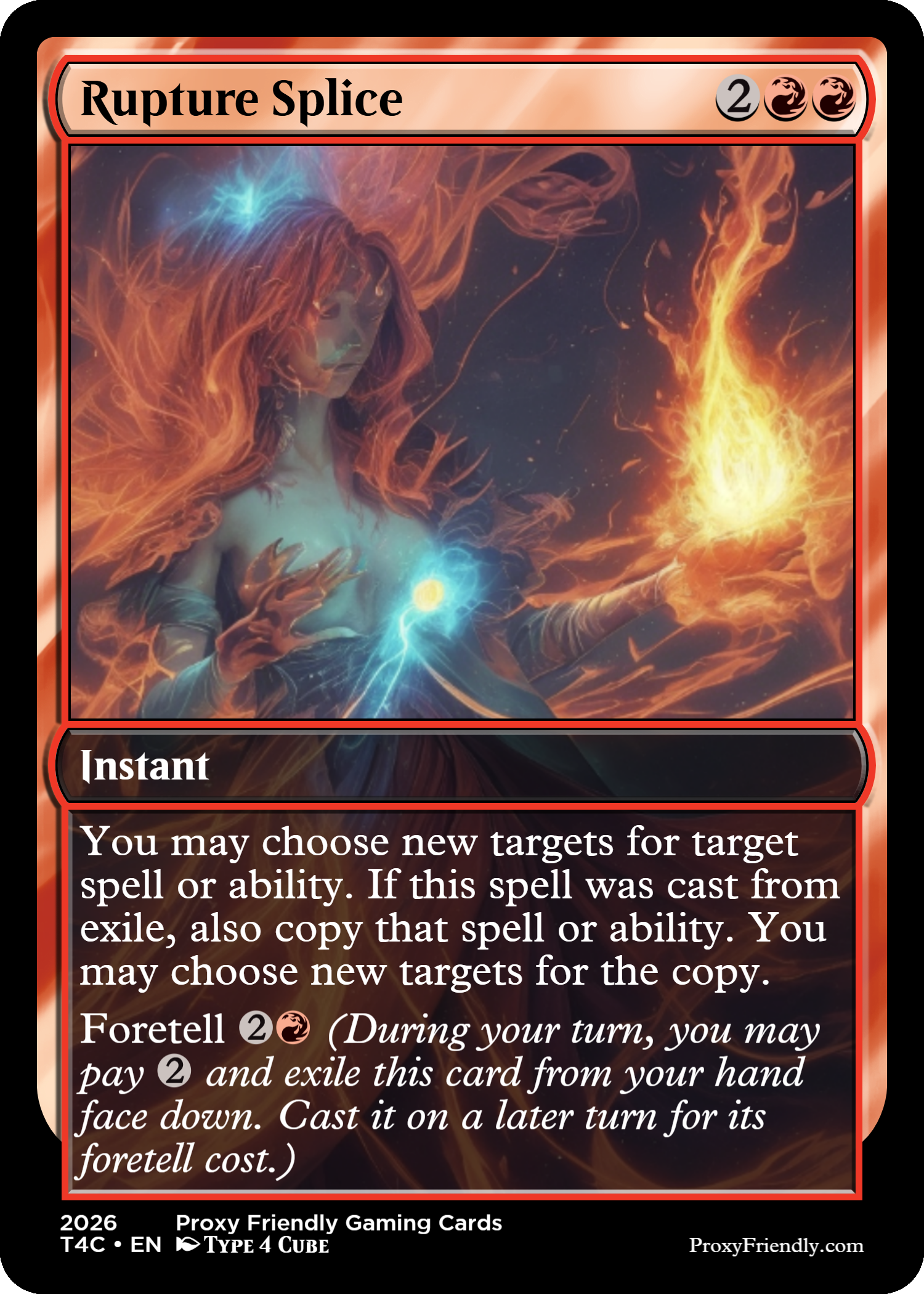A Magic: The Gathering card titled "Rapture Splice" with casting cost of two colorless and two red mana. The illustration features a woman with red hair conjuring fire and blue magic, with flames and magical energy swirling around her.