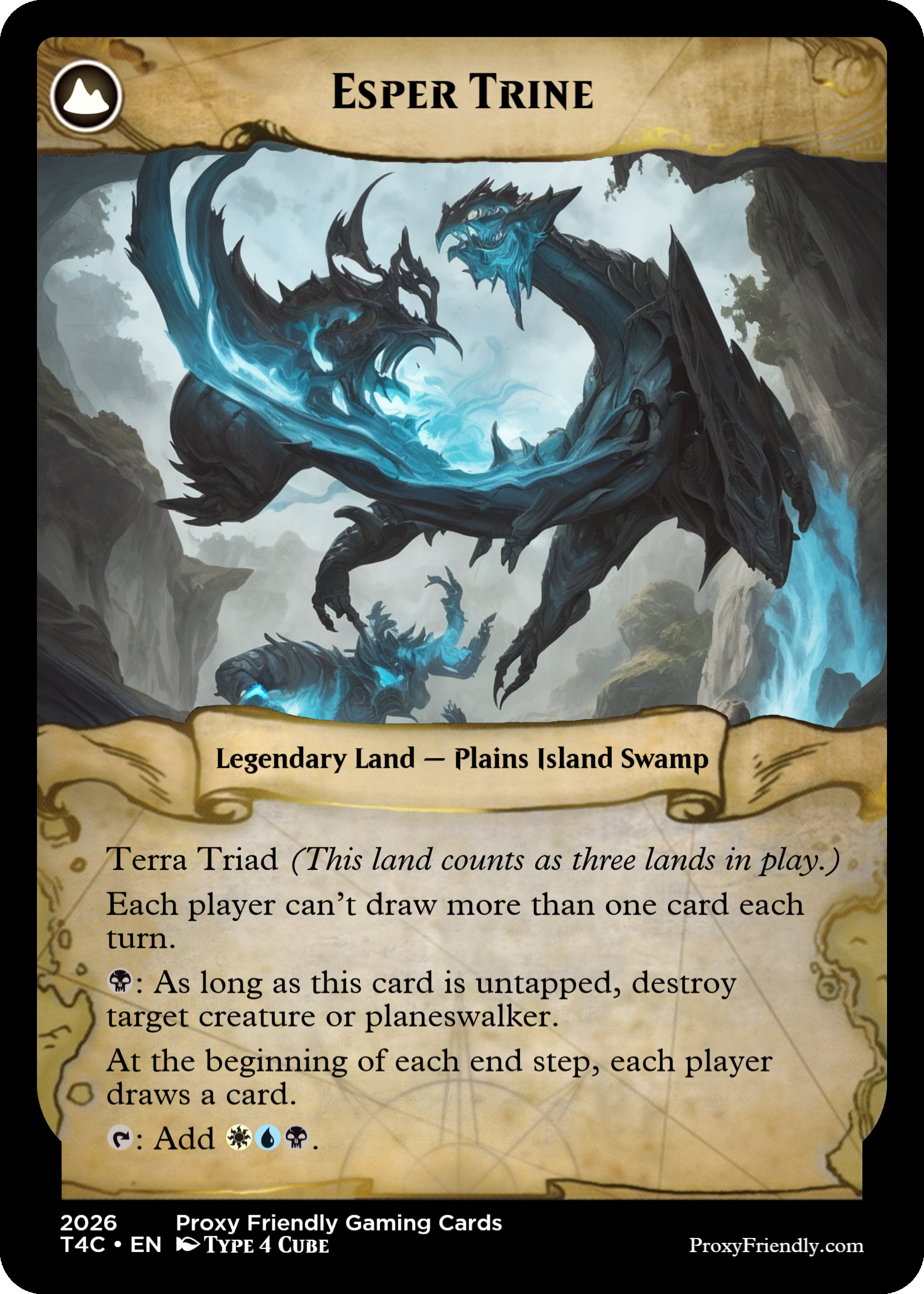 A fantasy trading card titled "Esper Trine" depicting a large, dark dragon with glowing blue accents flying over a mountainous landscape with waterfalls and mist. The card is labeled as a legendary land from Plains and Island Swamp with game instructions and symbols.