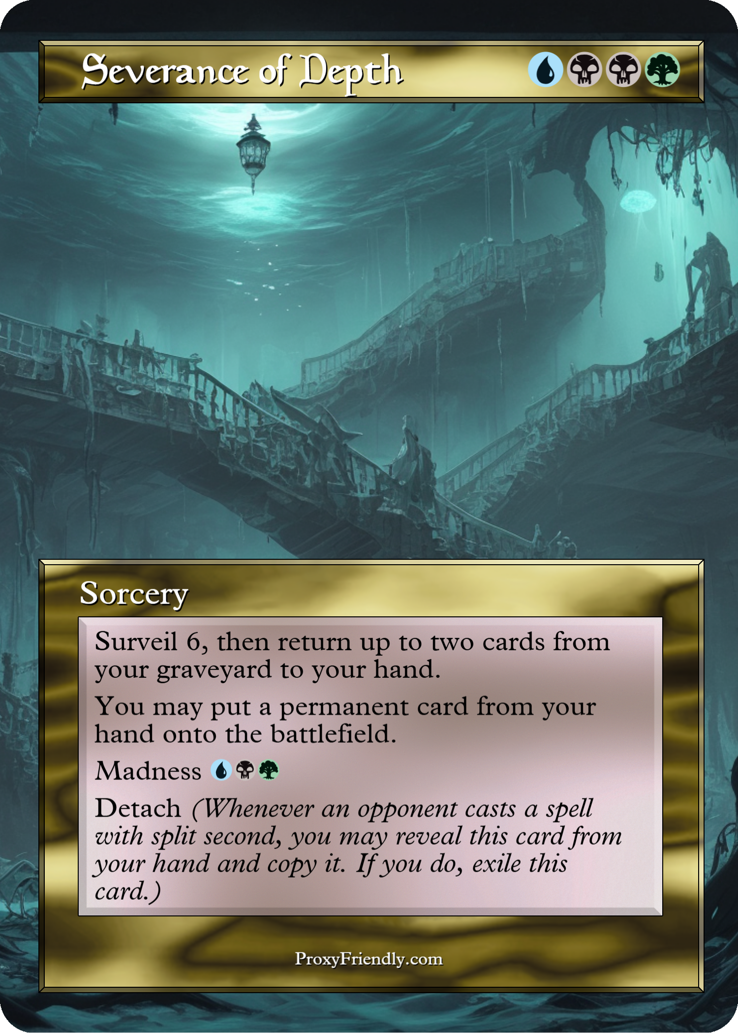 A dark fantasy-themed game card named 'Sovranace of Depth' with an underwater environment showing ruins and a figure in a flowing dress. The card displays icons for water, skull, skull, and tree, indicating the card's attributes and effects.