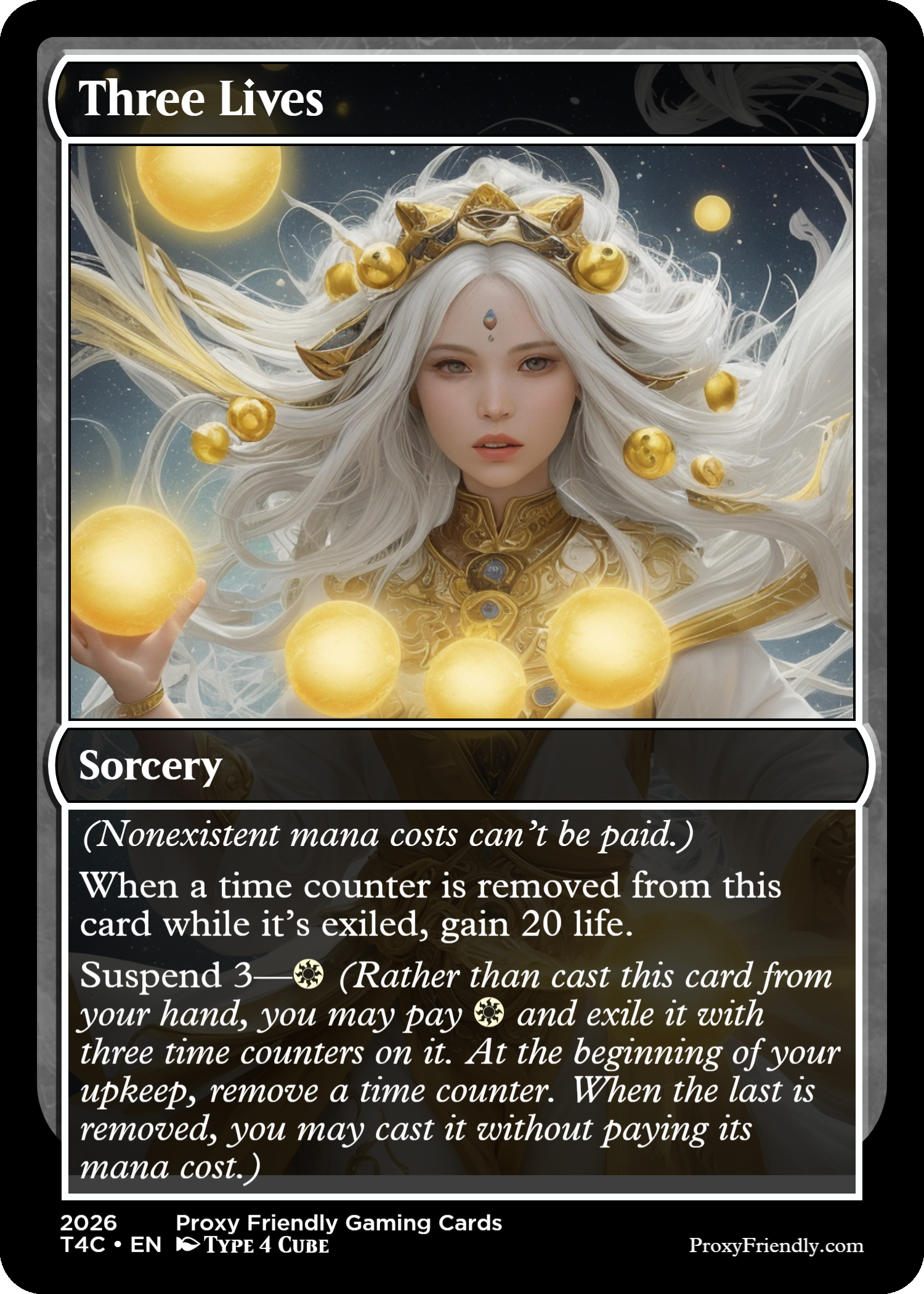 A fantasy-style trading card titled 'Three Lives' features a woman with long white hair, wearing ornate gold and white armor, and a crown or headdress with gold orbs. She is holding a glowing yellow orb in her hand, and additional orbs float around her, set against a cosmic background with stars and planets.