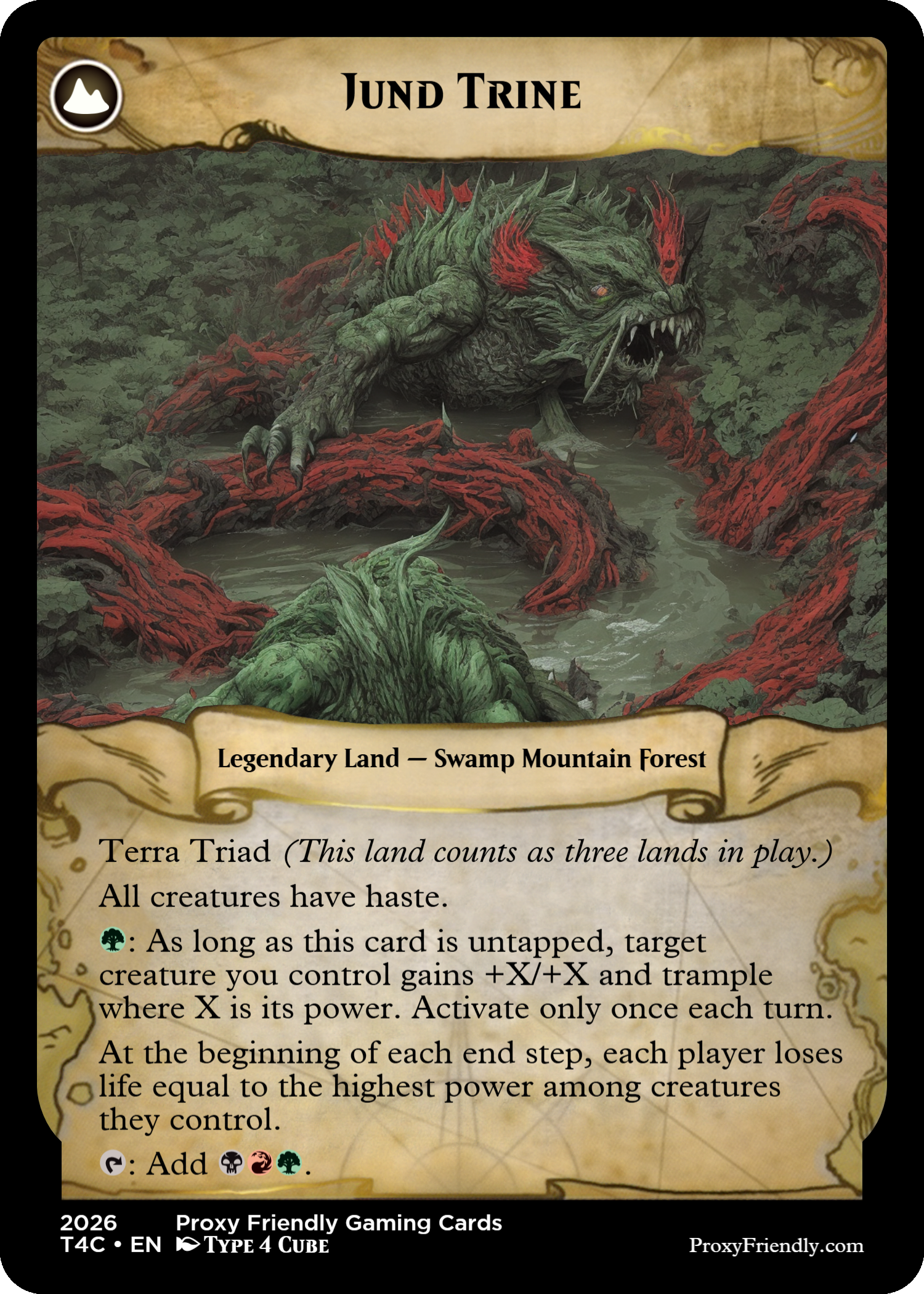 A fantasy trading card titled 'Jund Trine' depicting a monstrous creature with green skin, red spikes, and sharp teeth emerging from a swamp forest with red roots and green foliage.
