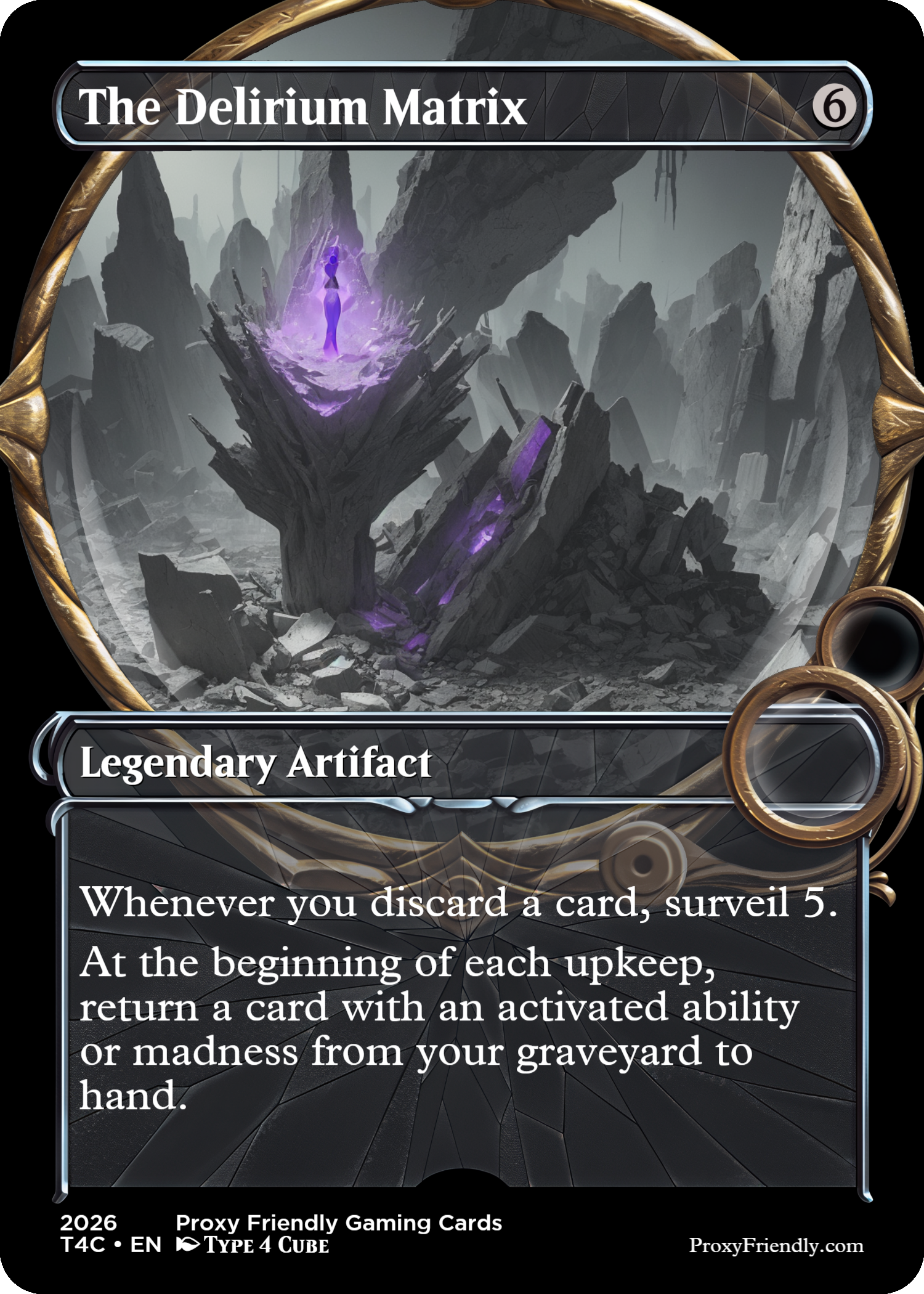 A fantasy-themed card titled 'The Delirium Matrix' features a dark, mountainous landscape with floating purple energy or portals. The card is labeled as a Legendary Artifact and includes gameplay instructions for discarding and returning cards.