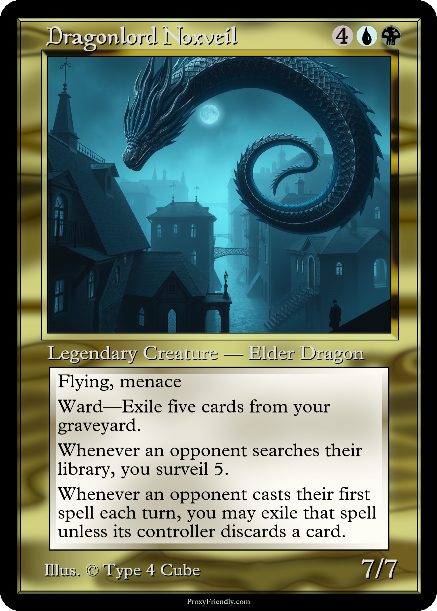 A fantasy-themed trading card titled 'Dragonlord Noxveil' featuring an elder dragon with a large, coiled body and a fierce head against a moonlit cityscape background.