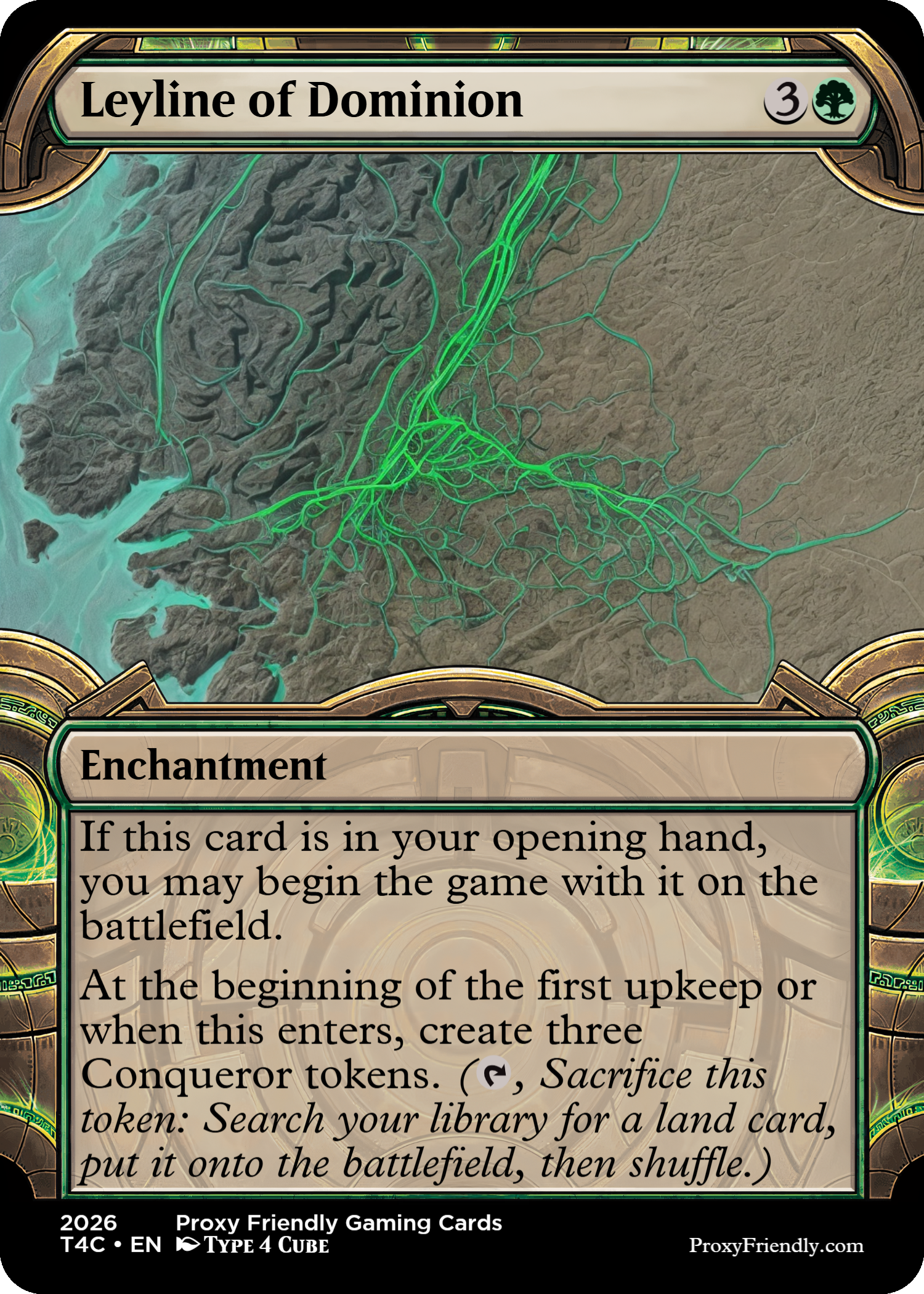A Magic: The Gathering card called Leyline of Dominion, showing a map with green glowing roots or veins spreading across a rocky and water landscape.