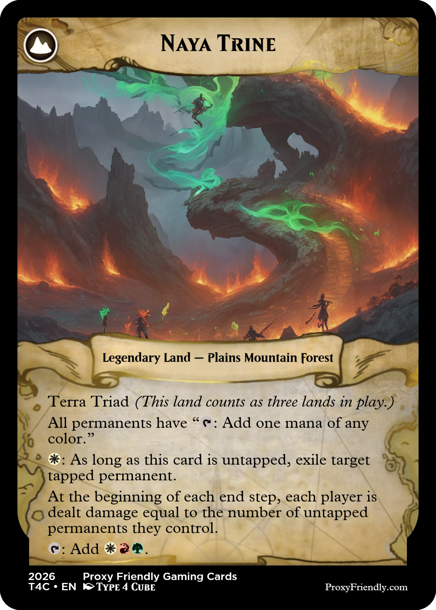 A fantasy game card titled 'Naya Trine' depicts a volcanic landscape with fiery eruptions, dark mountains, and glowing green magical energy swirling in the sky. There are three characters at the bottom unleashing magic.