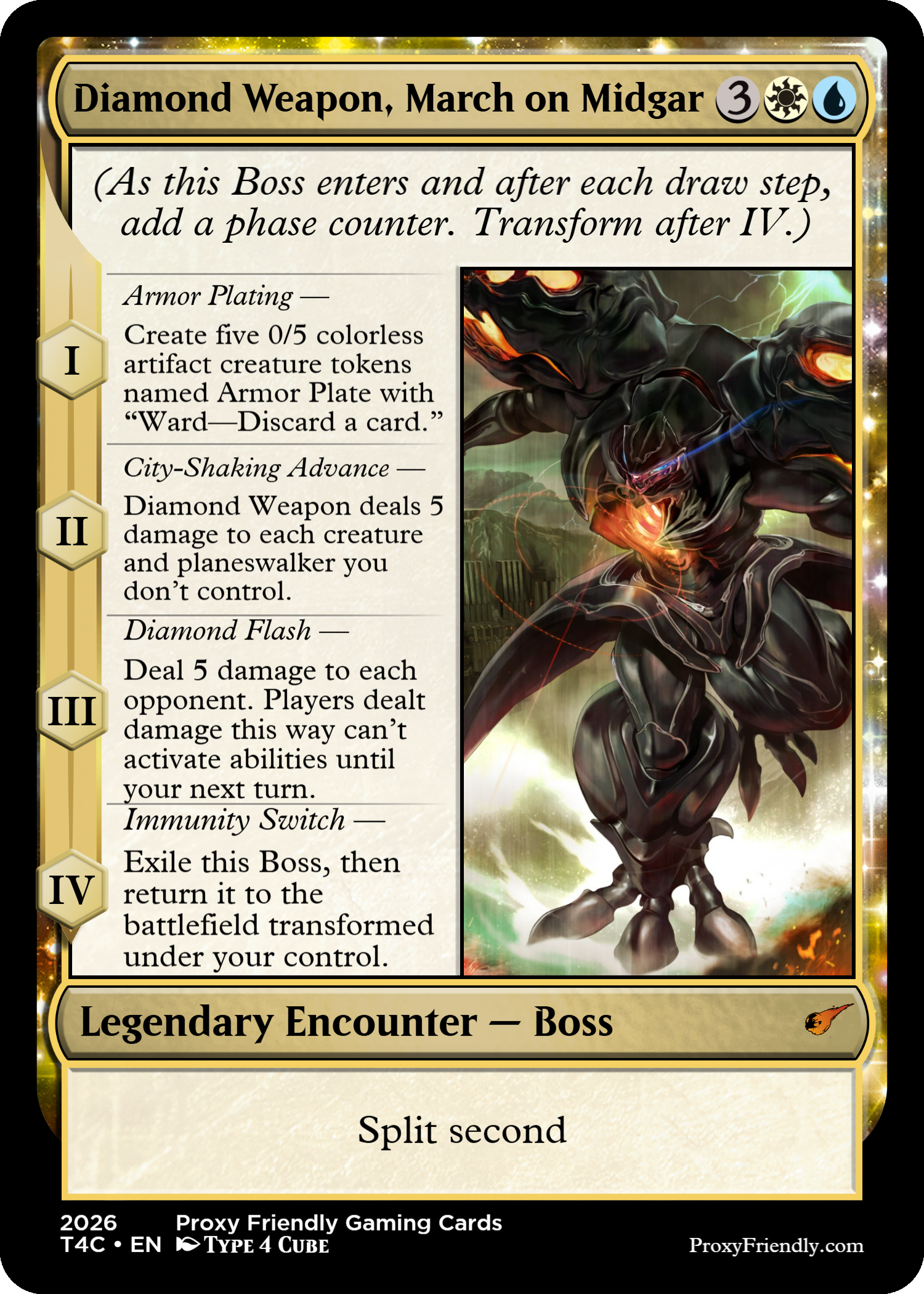 A collectible Magic: The Gathering card titled 'Diamond Weapon, March on Midgar' with a gold border, showing a black armored enemy wielding a sword, and game rules text on the left side.