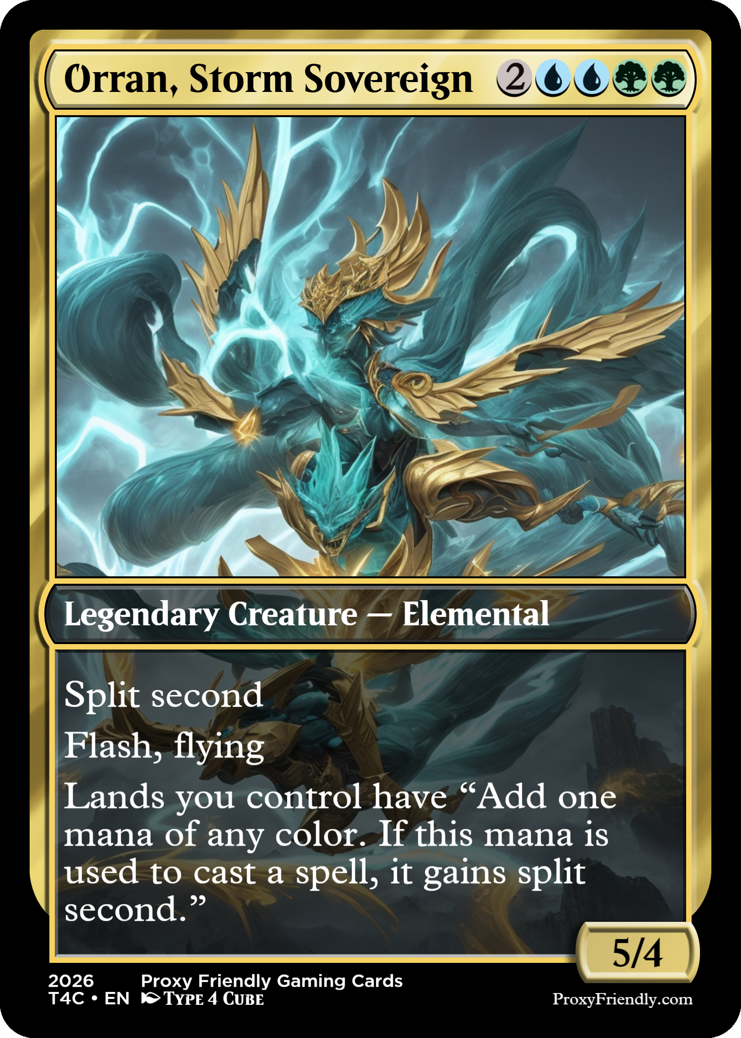 A fantasy trading card titled "Orran, Storm Sovereign" featuring a powerful elemental dragon surrounded by storm clouds and lightning, with gold armor and a fierce look.