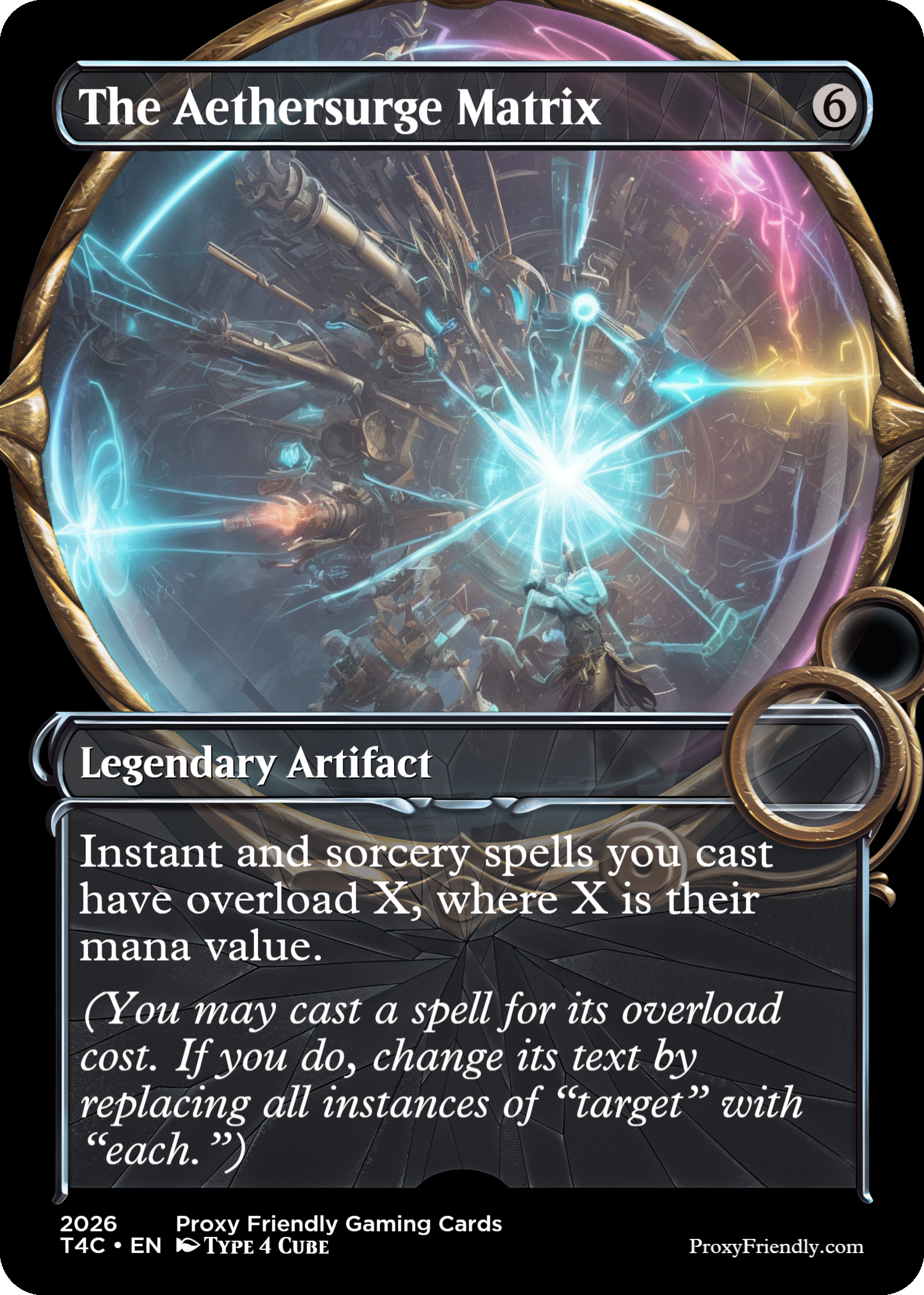 A futuristic trading card titled "The Aethersurge Matrix" depicting a battle scene with glowing energy beams and mechanical elements. It is a legendary artifact card for a card game, featuring a detailed digital art illustration.