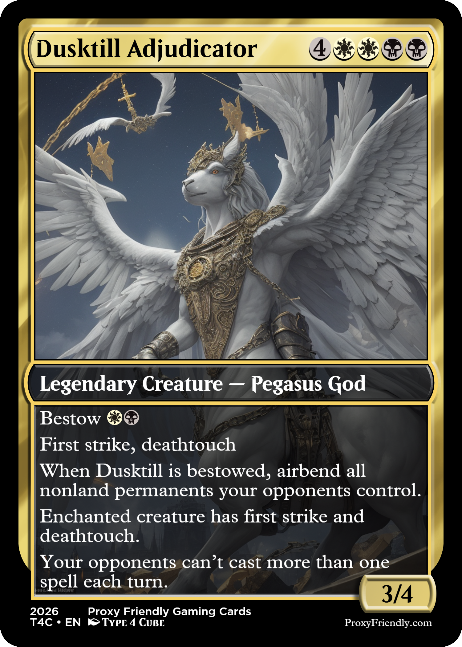 A fantasy trading card titled "Dusktill Adjudicator" featuring a white winged lion with a golden crown and armor, flying against a starry sky, with smaller winged creatures around it.