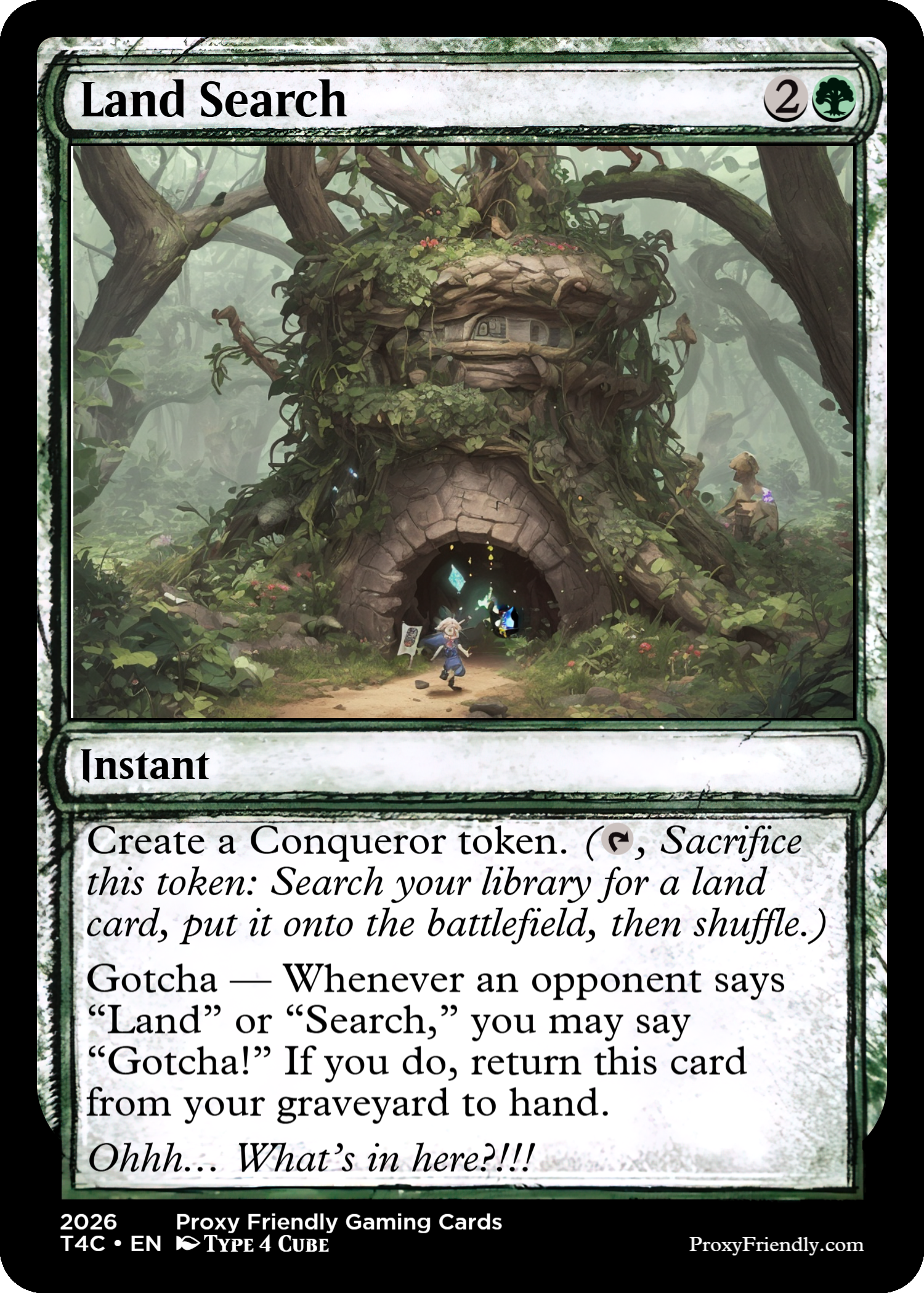 A fantasy-themed land search card with an illustration of a large enchanted tree with a doorway at its base, surrounded by lush forest. A character stands in front of the tree, holding a staff or spear, with glowing magical effects near the entrance.